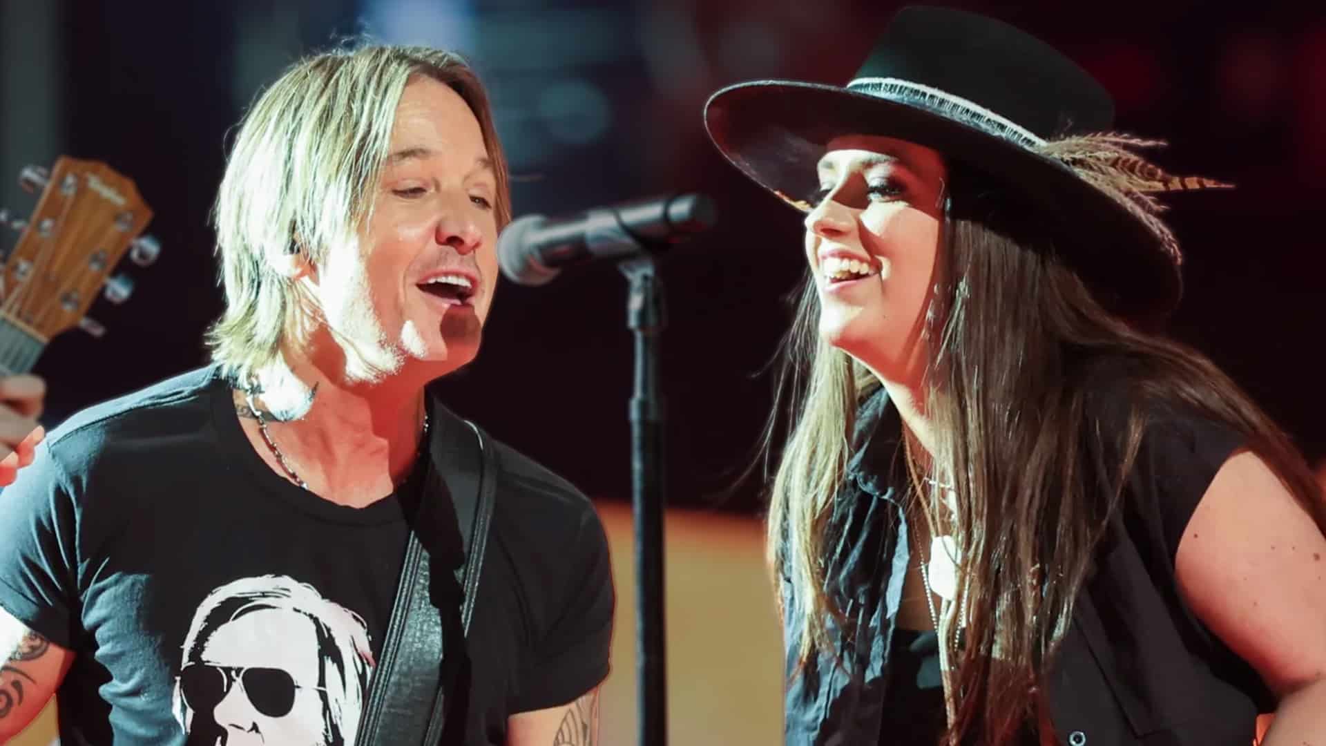 Maggie Baugh and Keith Urban singing together mid-performance, amid speculation about the guitarist’s alleged exit from his tour lineup.