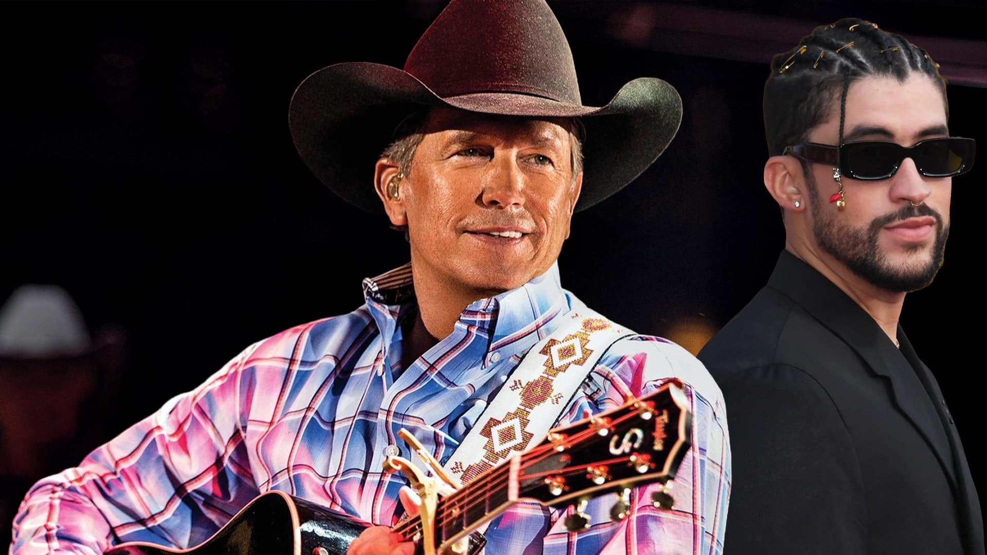 George Strait smiling with his guitar beside Bad Bunny in sunglasses, symbolizing fan tension after the NFL refused to replace Bad Bunny with Strait for the 2026 halftime show.