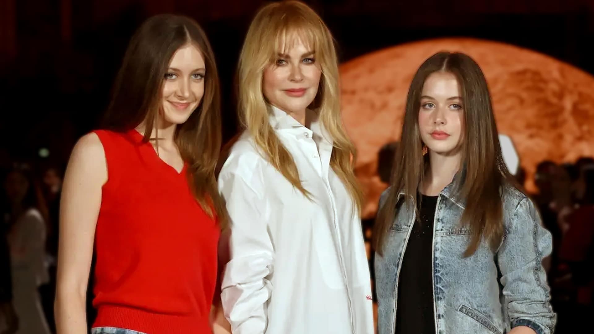 Nicole Kidman posing with her daughters at a fashion event in Paris, debuting new bangs and a confident look amid her public split from Keith Urban.