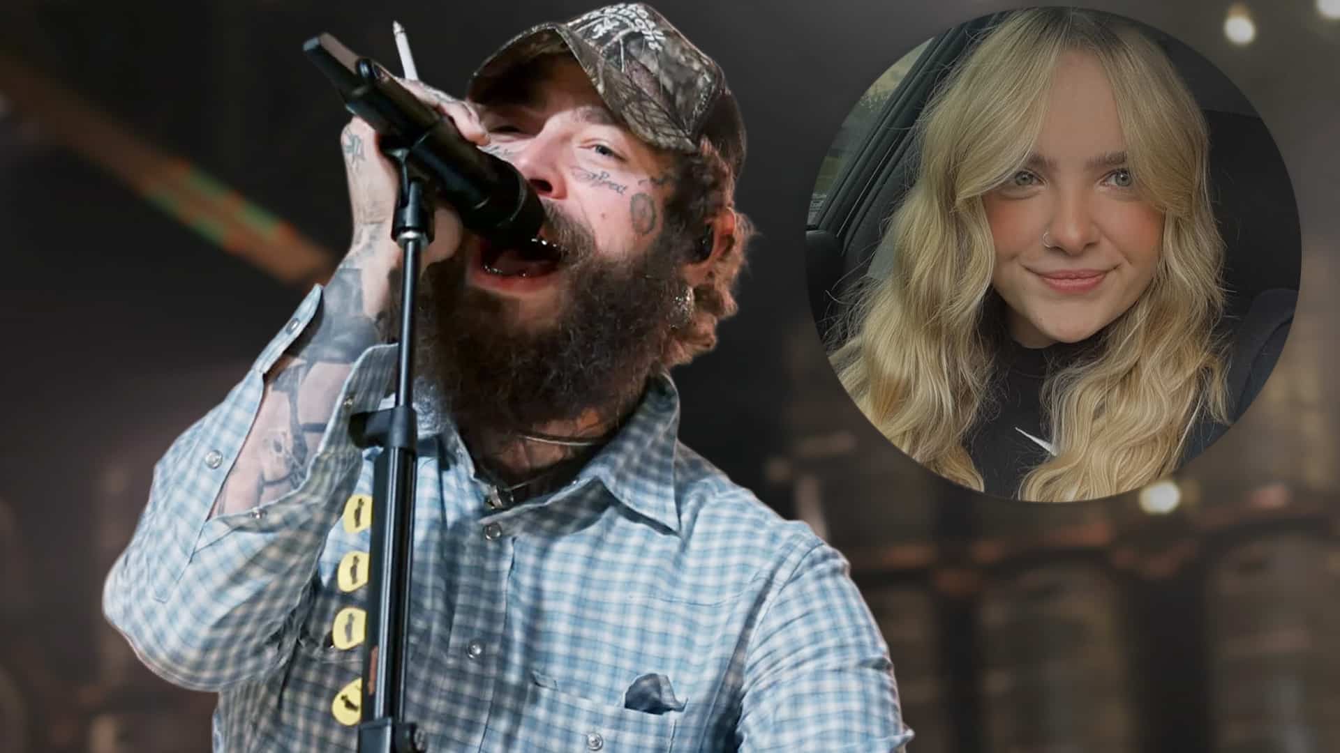 Post Malone performing passionately onstage, alongside an inset of 23-year-old fan Ava Ahlander, who tragically died in a Utah festival accident.