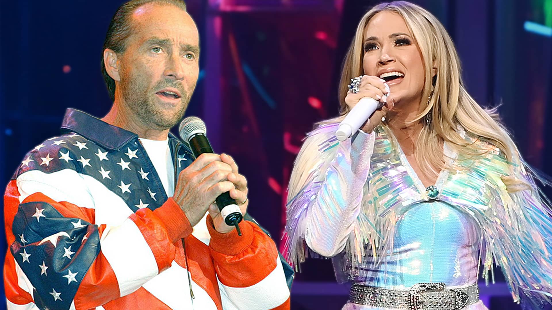 Carrie Underwood and Lee Greenwood singing side by side, channeling faith, freedom, and country pride for an All-American halftime performance.
