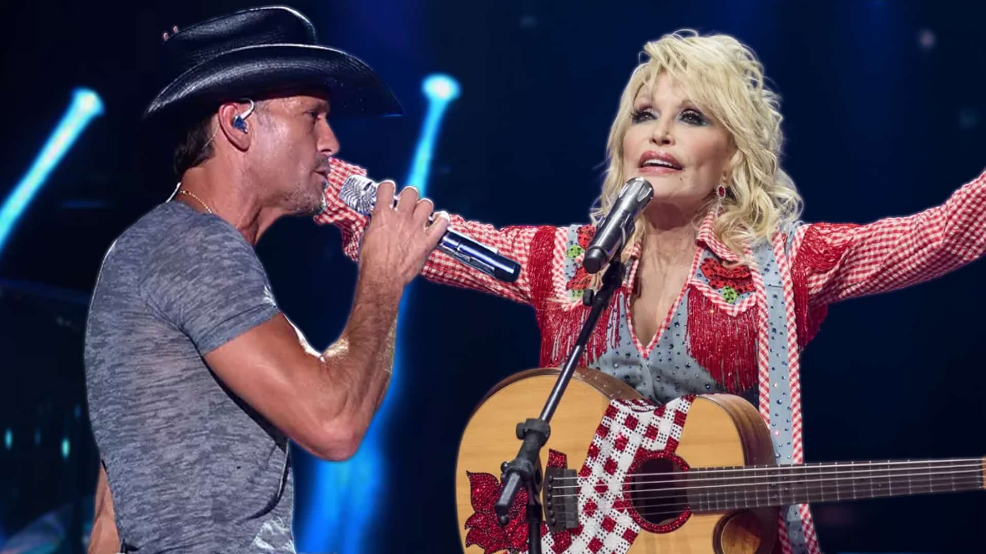 Country icons Tim McGraw and Dolly Parton sharing a musical moment, echoing McGraw’s role stepping in for her postponed Las Vegas shows.