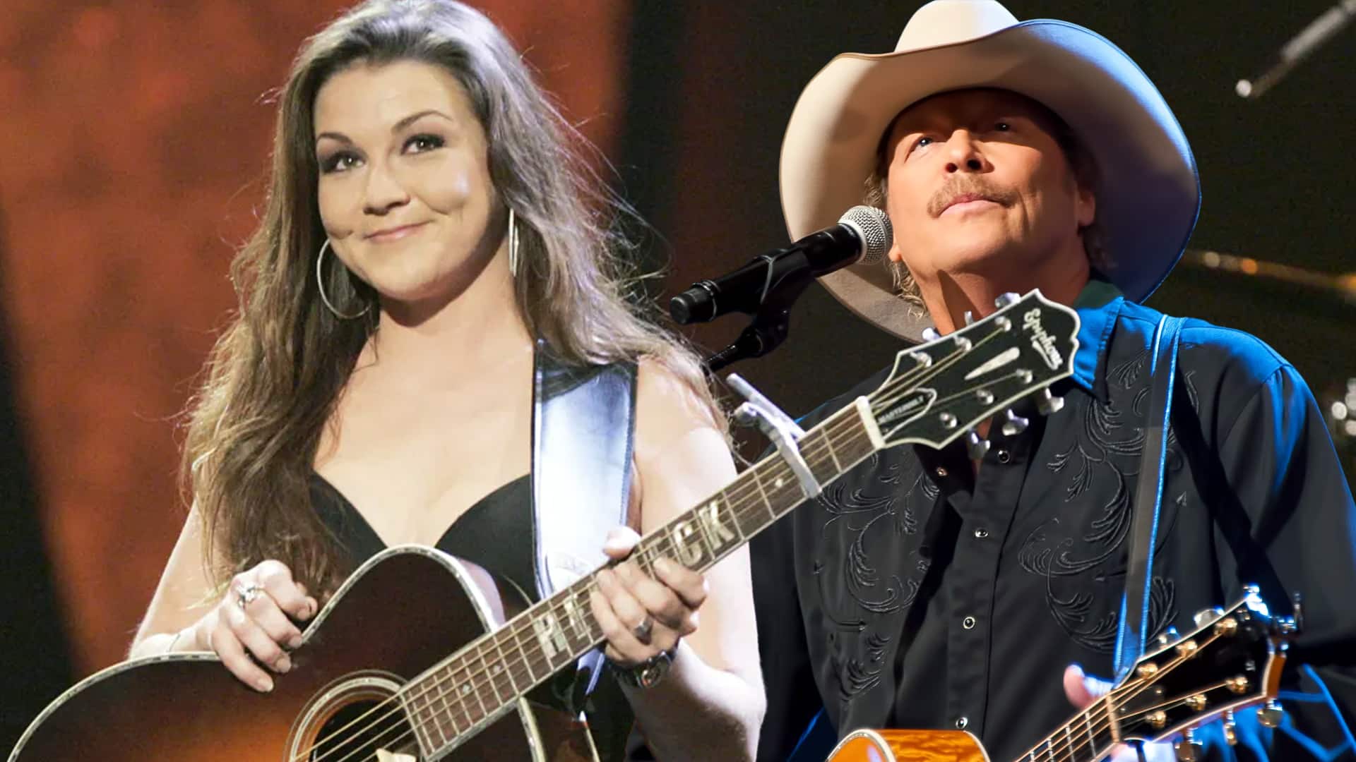Gretchen Wilson smiling onstage with her guitar beside Alan Jackson, as she shares the story of why she owes him an apology ahead of his farewell Nashville concert.