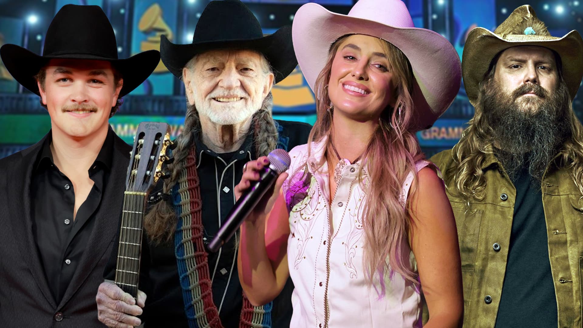 Lainey Wilson stands among fellow country icons Willie Nelson, Zach Top, and Chris Stapleton, highlighting a powerhouse GRAMMY lineup for 2026.