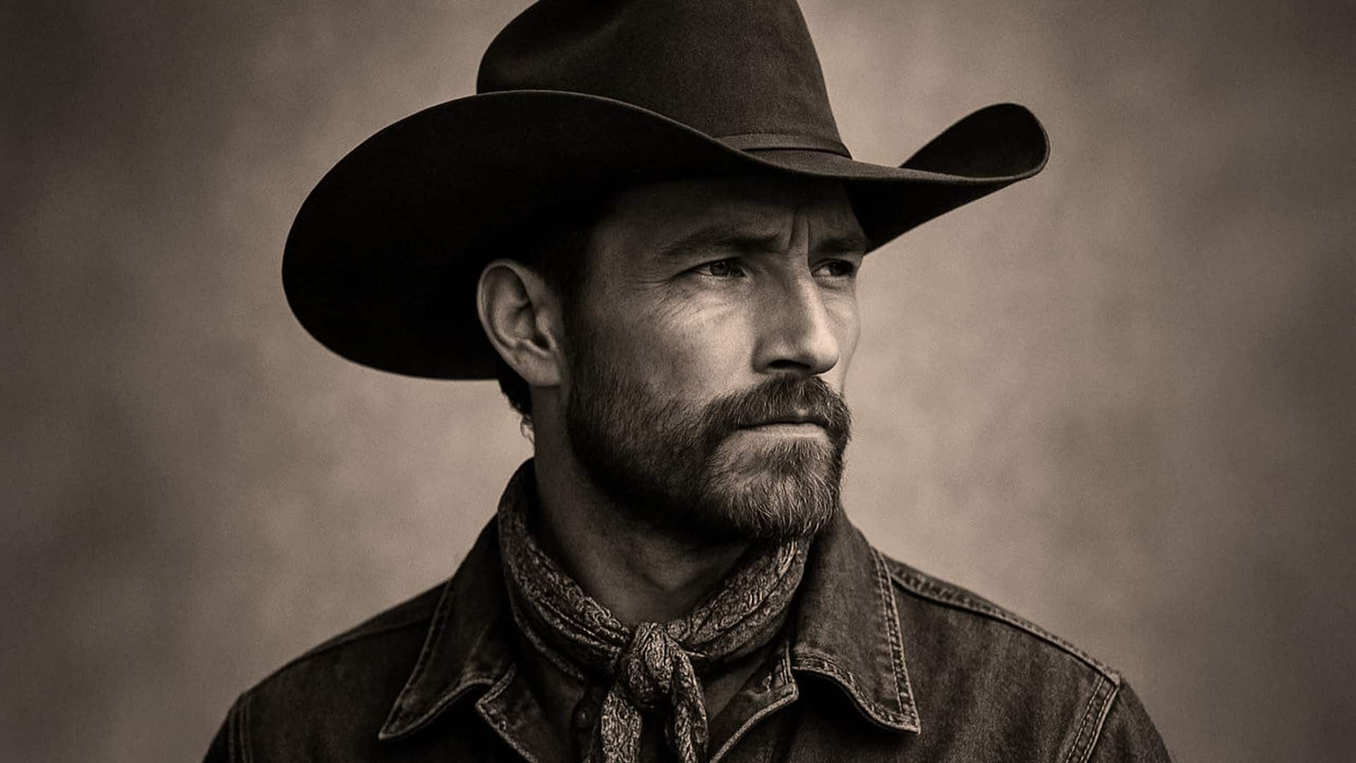 Portrait of a man in a cowboy hat and denim jacket, symbolizing the real soul of country music as AI-generated songs rise on the charts.