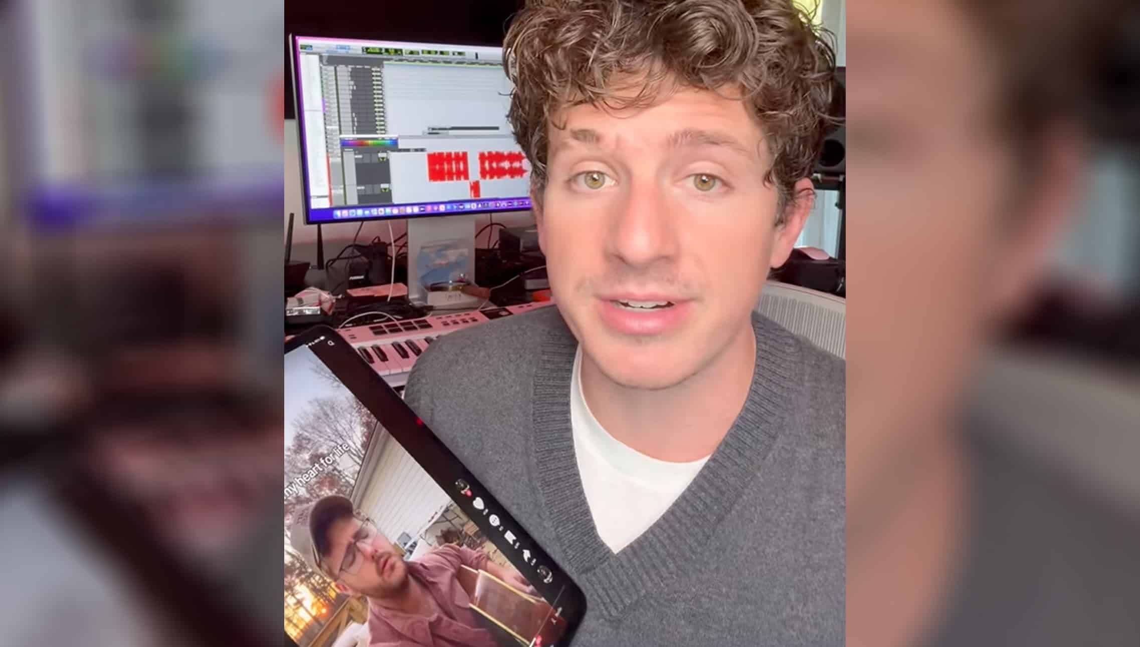 Charlie Puth reacting to Kenny Whitmire’s viral TikTok song “I Gave Her The Moon” in his home studio, holding the phone playing the porch clip while producing the full version after legends begged for a release.