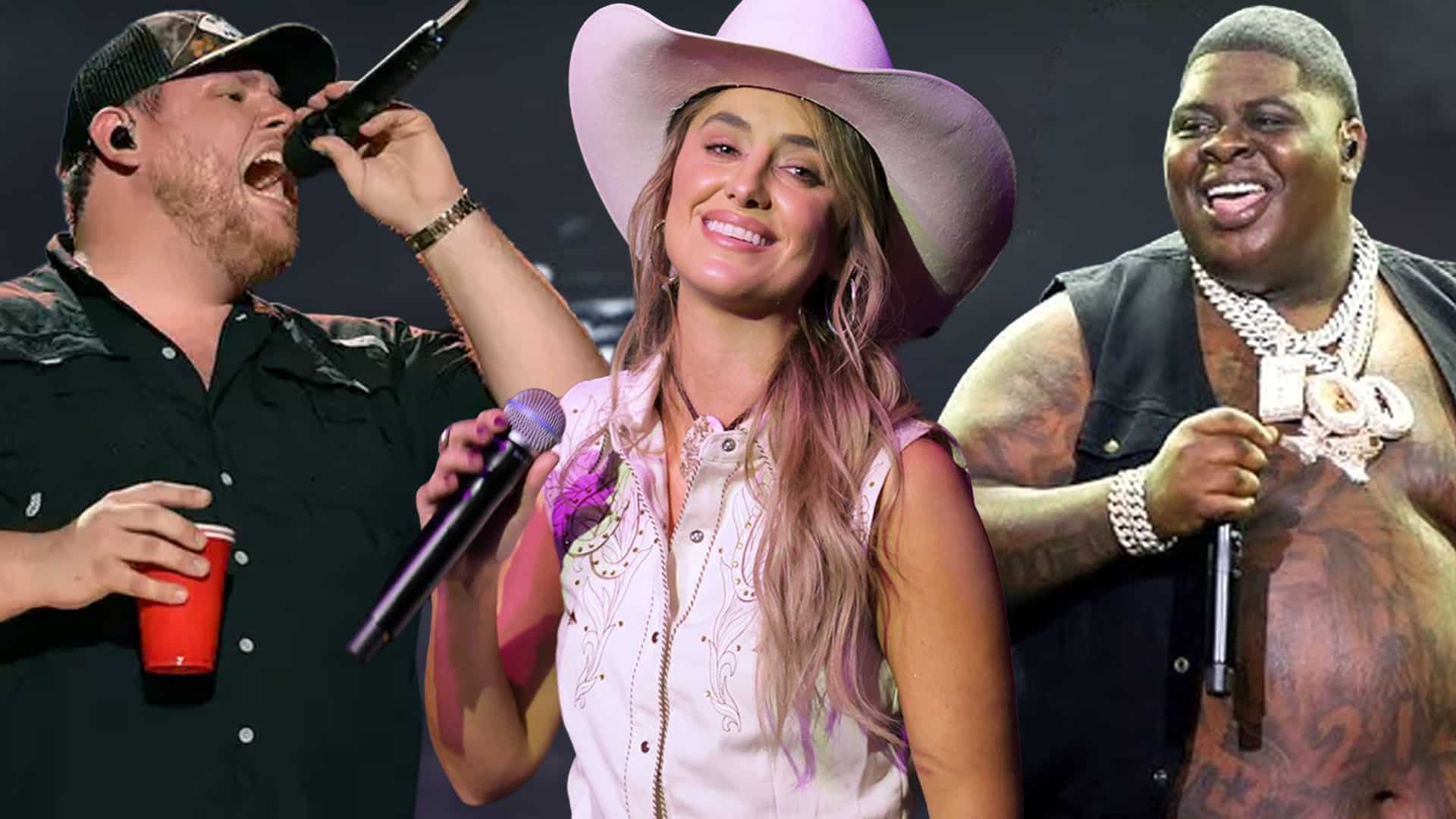 Luke Combs, Lainey Wilson, and BigXthaPlug holding microphones, representing the bold 2025 CMA Awards performer lineup blending country and rap.
