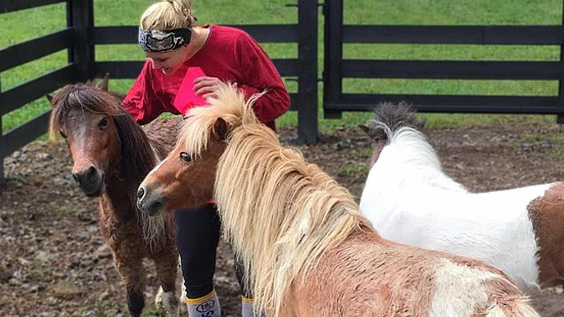 Miranda Lambert mourning the loss of her beloved mini horses Sugar Pie and Adrianna, gently petting them in the paddock after 18 years together on her Tennessee farm.