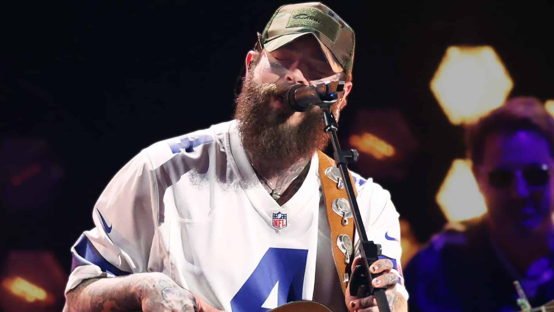 Post Malone playing guitar in a Dallas jersey, echoing the Texas pride fueling his upcoming Cowboys-Chiefs halftime performance.