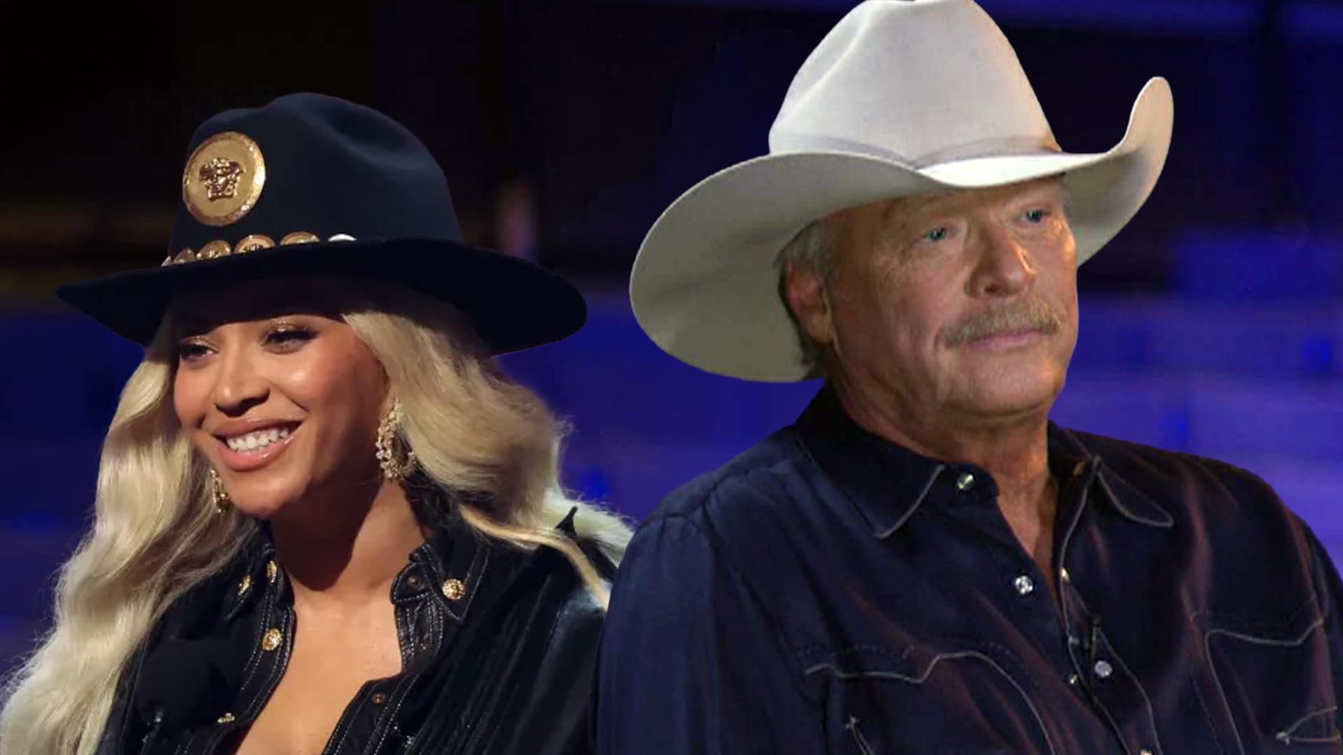 Alan Jackson and George Strait in contrasting cowboy hats, mirroring the tension between modern crossover flair and the traditional country stance highlighted in the CMA walkout story.