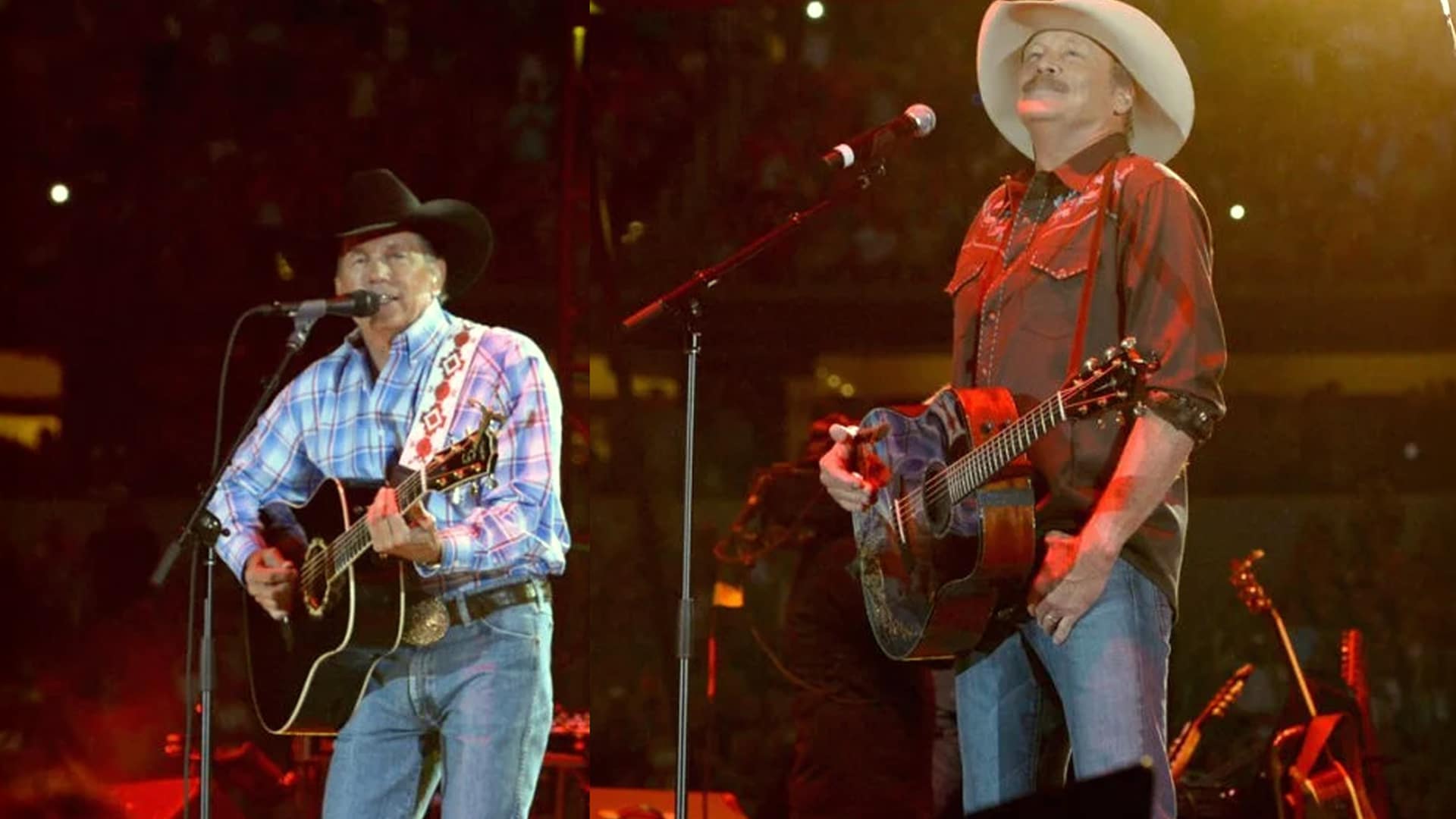 Alan Jackson in black cowboy hat and plaid shirt next to George Strait in white cowboy hat and red western shirt singing Murder on Music Row together at 1999 CMA Awards defending traditional country music.