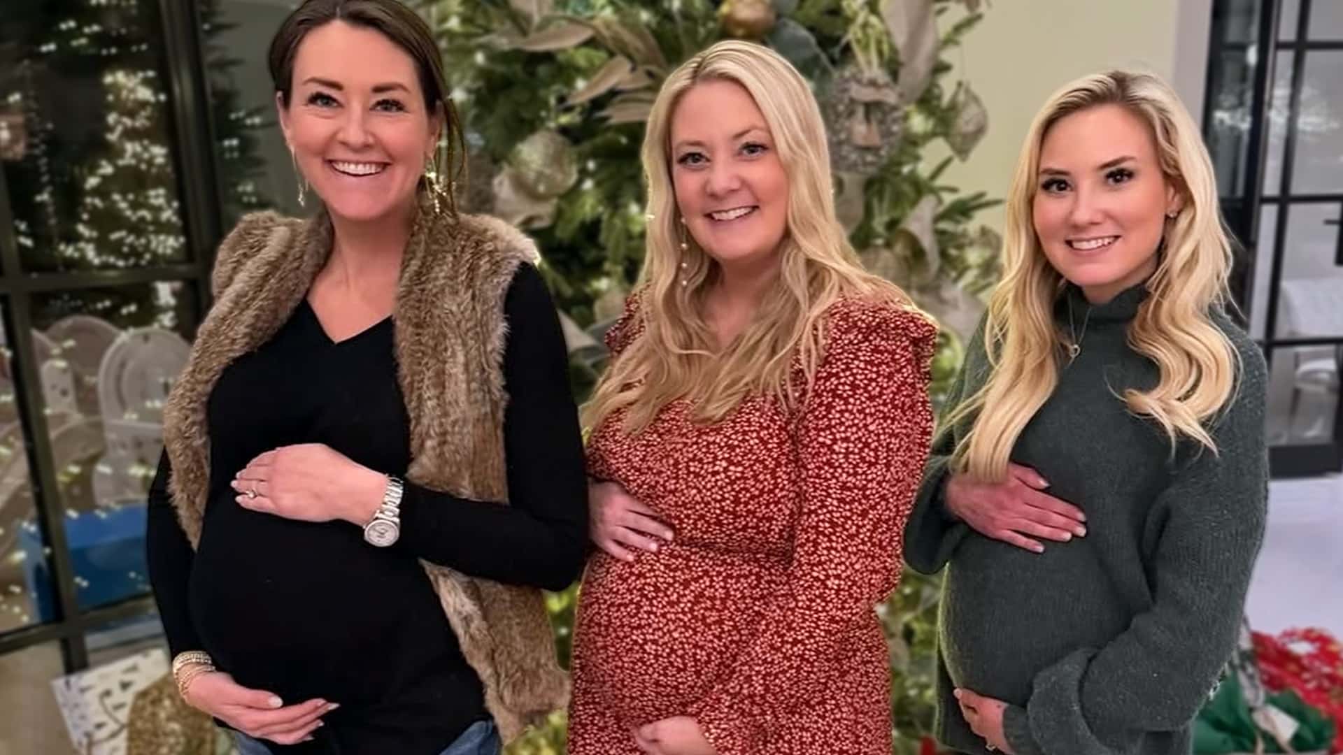 Alan Jackson's three daughters Mattie, Ali, and Dani all pregnant at once, proudly showing baby bumps in front of a Christmas tree, announcing three new grandbabies arriving in 2026 for the country legend and wife Denise.