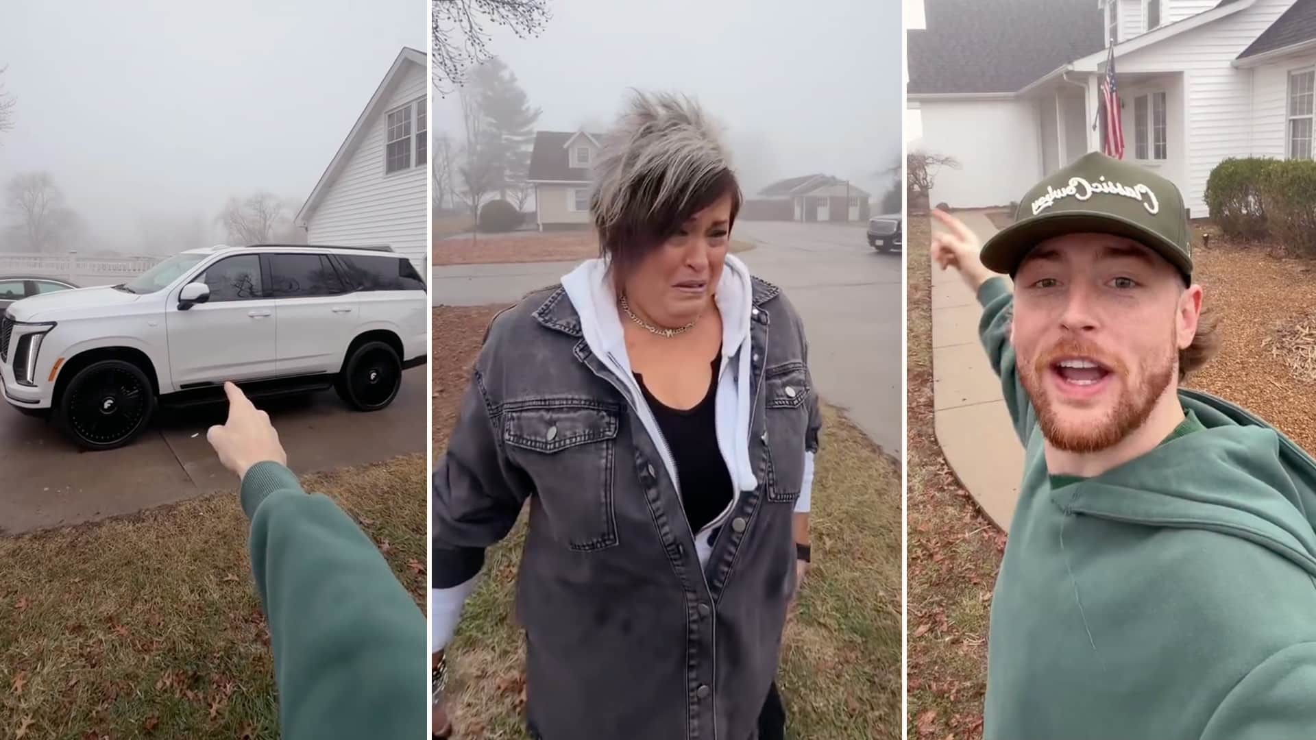 Bailey Zimmerman surprises his mom Kristi with a new house and Cadillac Escalade on Christmas morning 2025, capturing her shocked reaction in foggy neighborhood video as he points to the white SUV and reveals the home in emotional family moment.