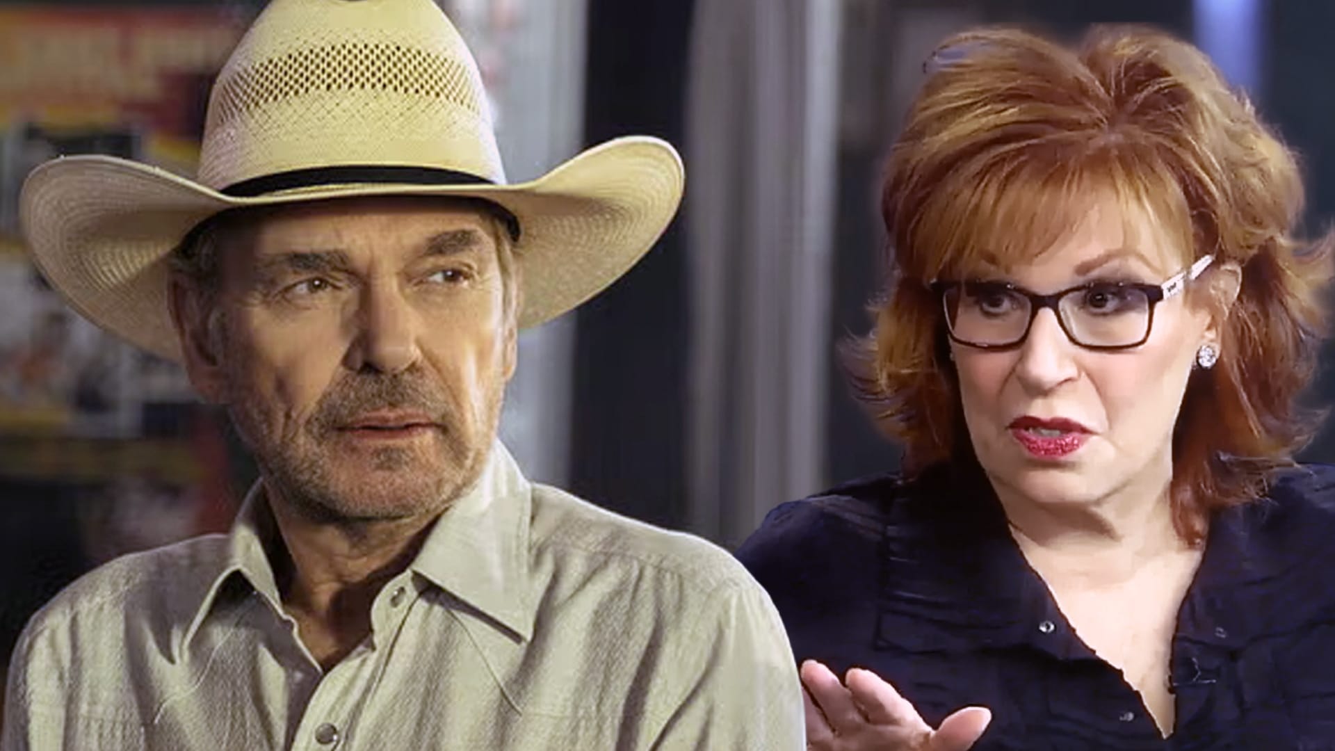 Billy Bob Thornton as Tommy Norris in Landman alongside a co-star, wearing a straw cowboy hat, delivering his viral Season 2 Episode 5 line blasting The View as "pissed off millionaires bitching about Trump and everyday folks" in Taylor Sheridan's hit series.