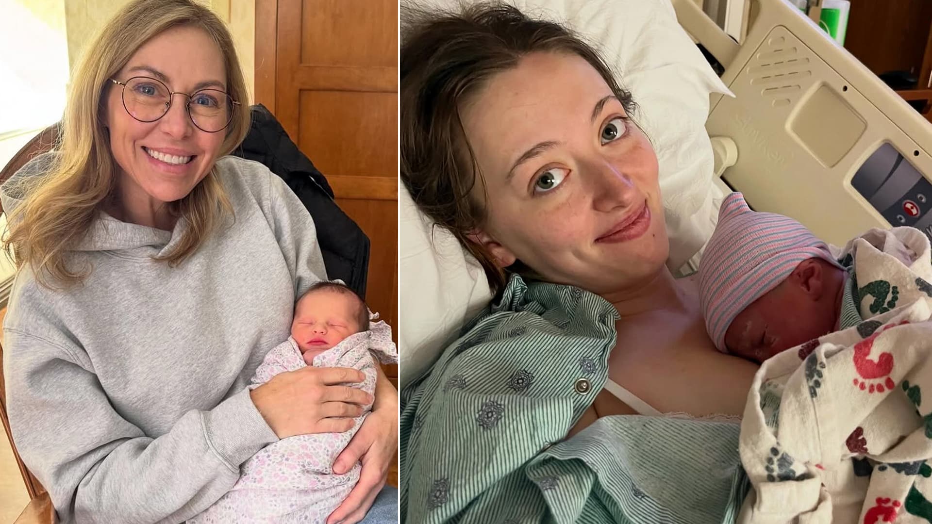 Merritt Robertson of Duck Dynasty holds newborn daughter Nellie Jane next to sister Priscilla with her baby in hospital bed, welcoming first child just two months after Priscilla gave birth in joyful family expansion 2025.
