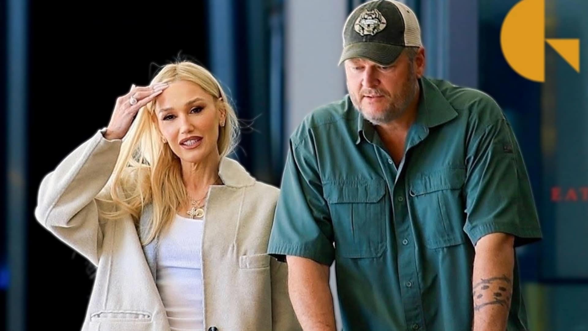 Gwen Stefani and Blake Shelton appear unbothered amid divorce speculation, shopping together at Eataly in Los Angeles with Gwen saluting playfully in a beige coat and Blake pushing the cart in a green shirt and trucker hat, proving their marriage is strong in 2025.