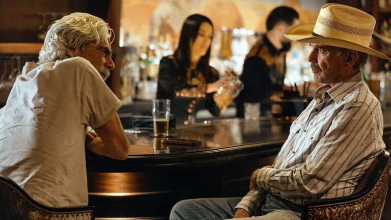 Billy Bob Thornton as Tommy Norris and Sam Elliott as T.L. Norris share a tense bar conversation in Landman, with the full soundtrack featuring country stars like Turnpike Troubadours, Lainey Wilson, and Ella Langley now available on Spotify and Apple Music.