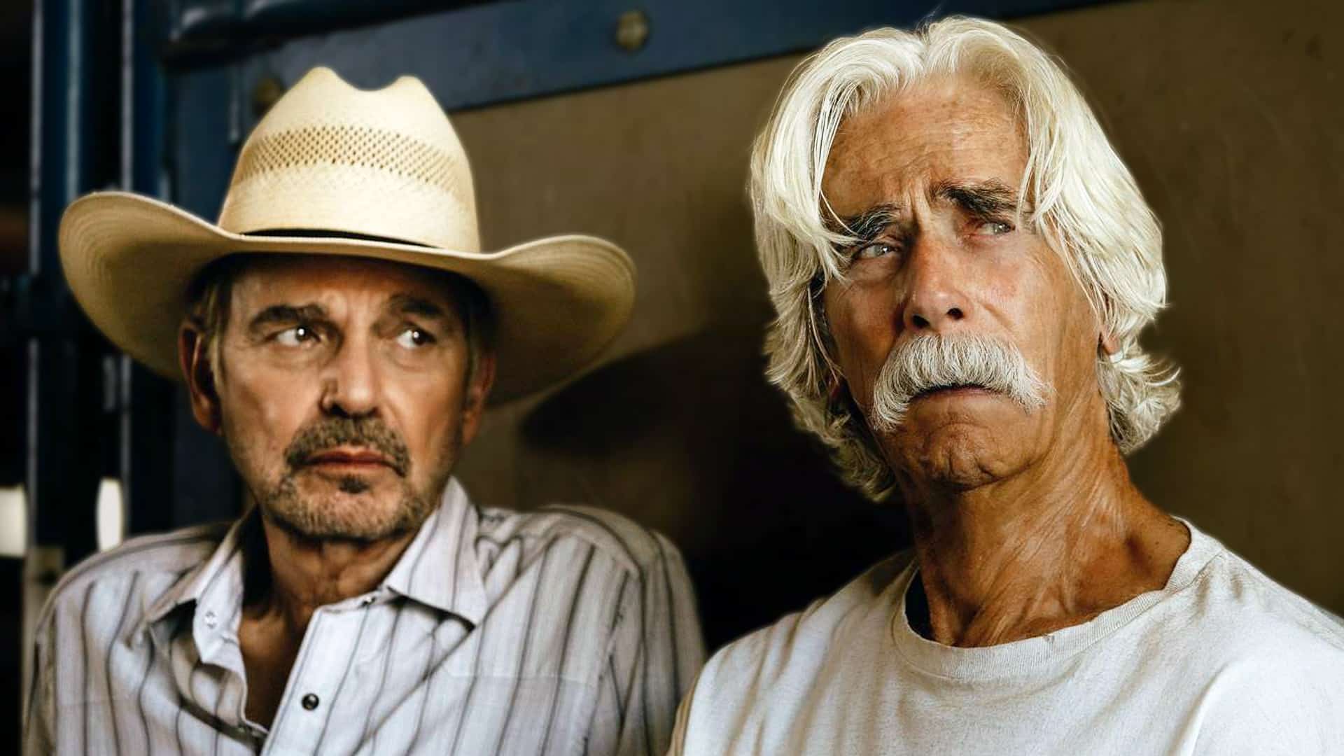 Sam Elliott and Billy Bob Thornton star in Landman's gritty oil boom drama, Sam with white hair and mustache in plain shirt, Billy in straw hat and button-up, celebrating the 2026 Season 3 renewal with Demi Moore and Andy Garcia amid record-breaking Season 2 success.