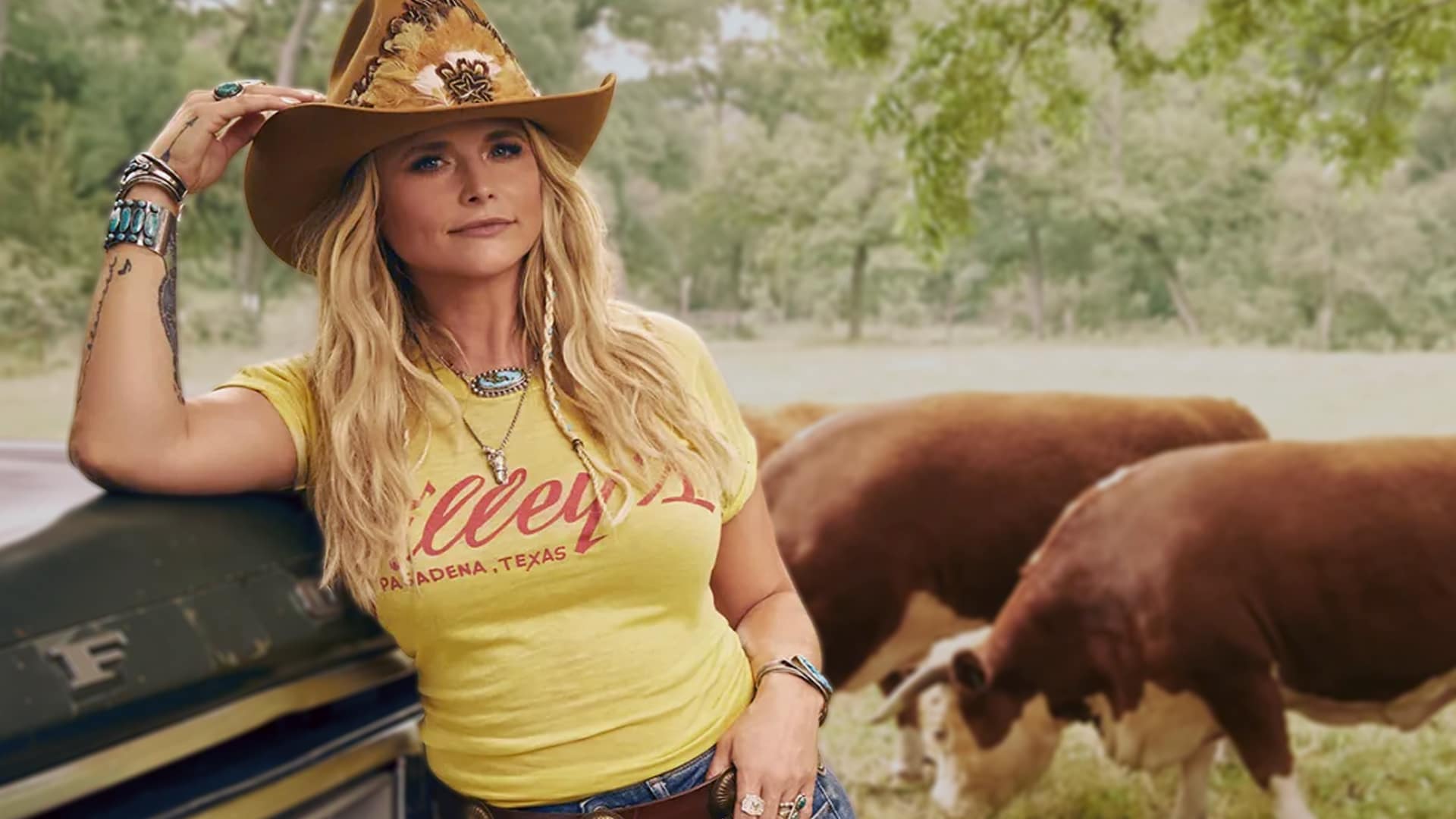 Miranda Lambert leans on a truck in cowboy hat and "Gilley’s Pasadena, Texas" t-shirt with turquoise jewelry, as she executive produces a new Hulu scripted series inspired by her songs, blending Texas grit and drama like Big Little Lies gone honky tonk.