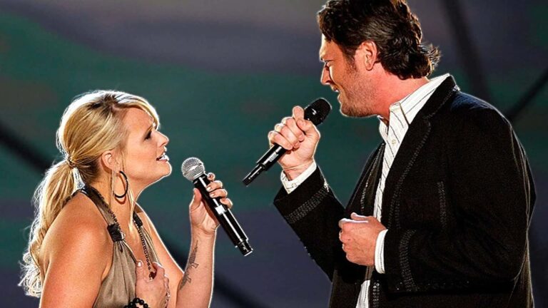 Miranda Lambert and Blake Shelton perform their emotional duet "Over You" live on stage, capturing the heartfelt tribute to Shelton's late brother Richie that Lambert co-wrote after his family tragedy, becoming one of country music's most powerful ballads.