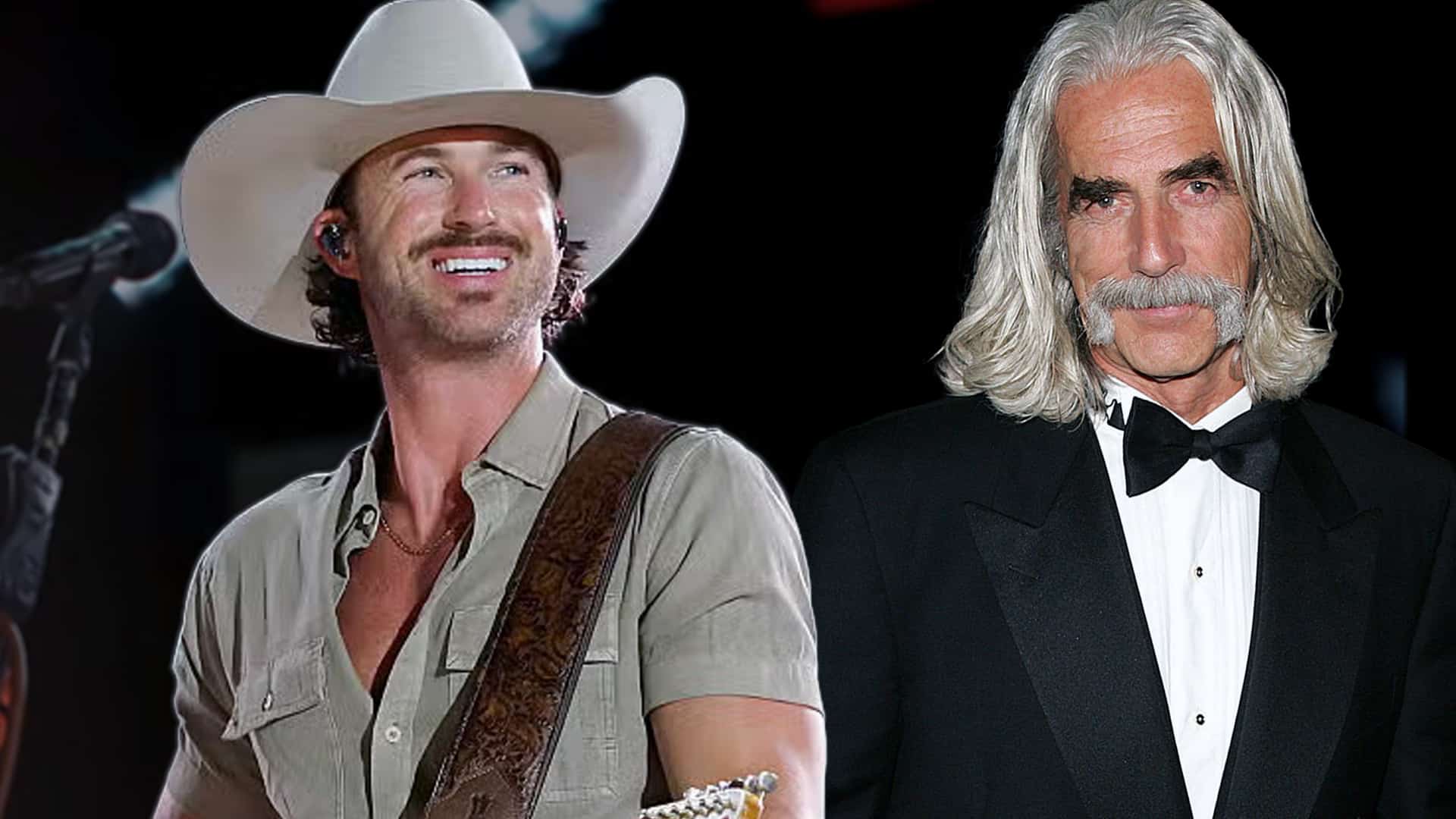 Riley Green in white cowboy hat performing with guitar next to iconic actor Sam Elliott in tuxedo, as Riley shares his hilarious story of Elliott's signature growl response instead of words at the CMA Awards backstage meeting.