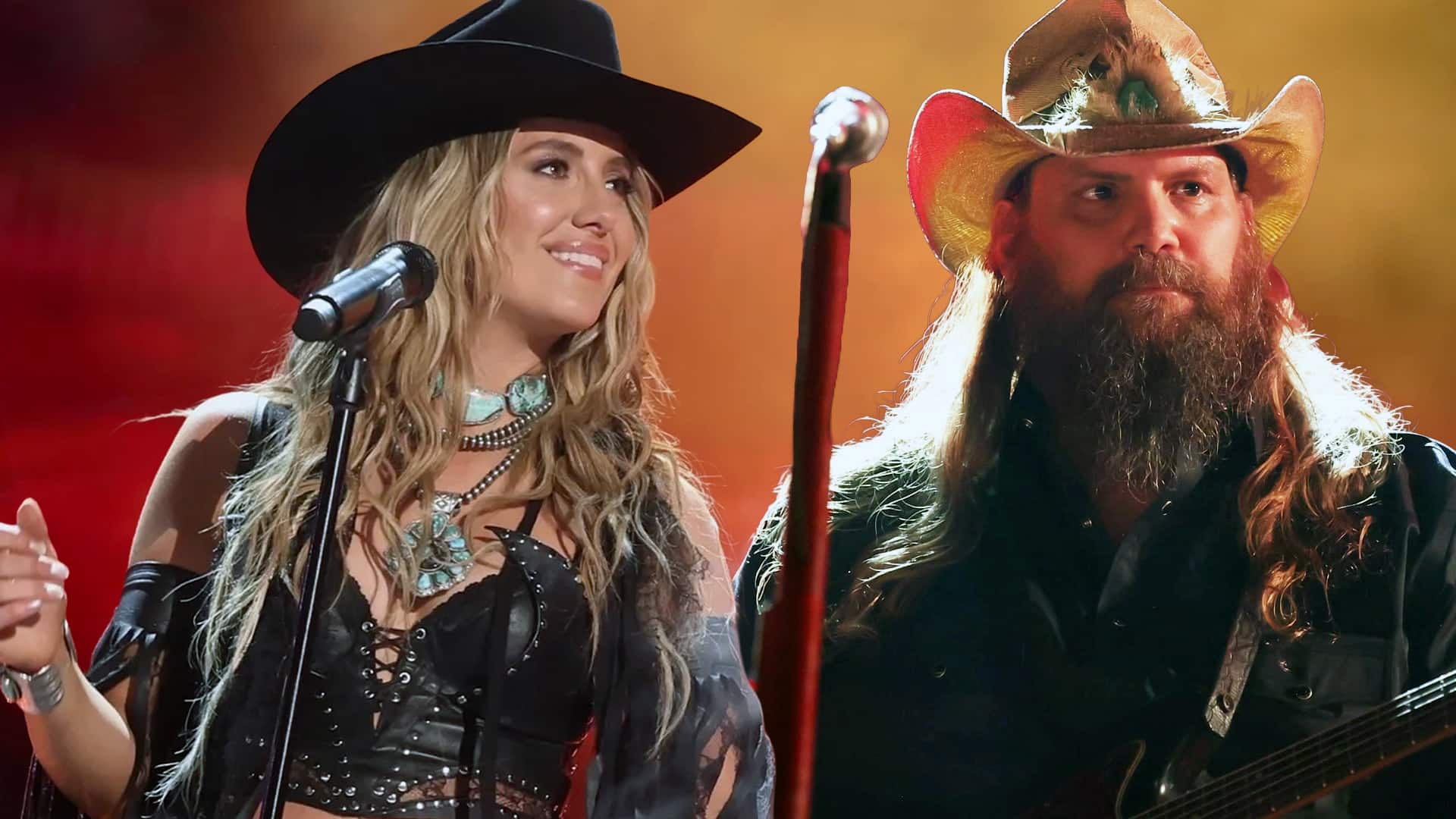 Chris Stapleton in colorful cowboy hat performs alongside Lainey Wilson in black cowboy hat and turquoise jewelry on stage, announcing extension of his All-American Road Show tour into 2026 with Lainey Wilson, Ashley McBryde, and more as special guests.