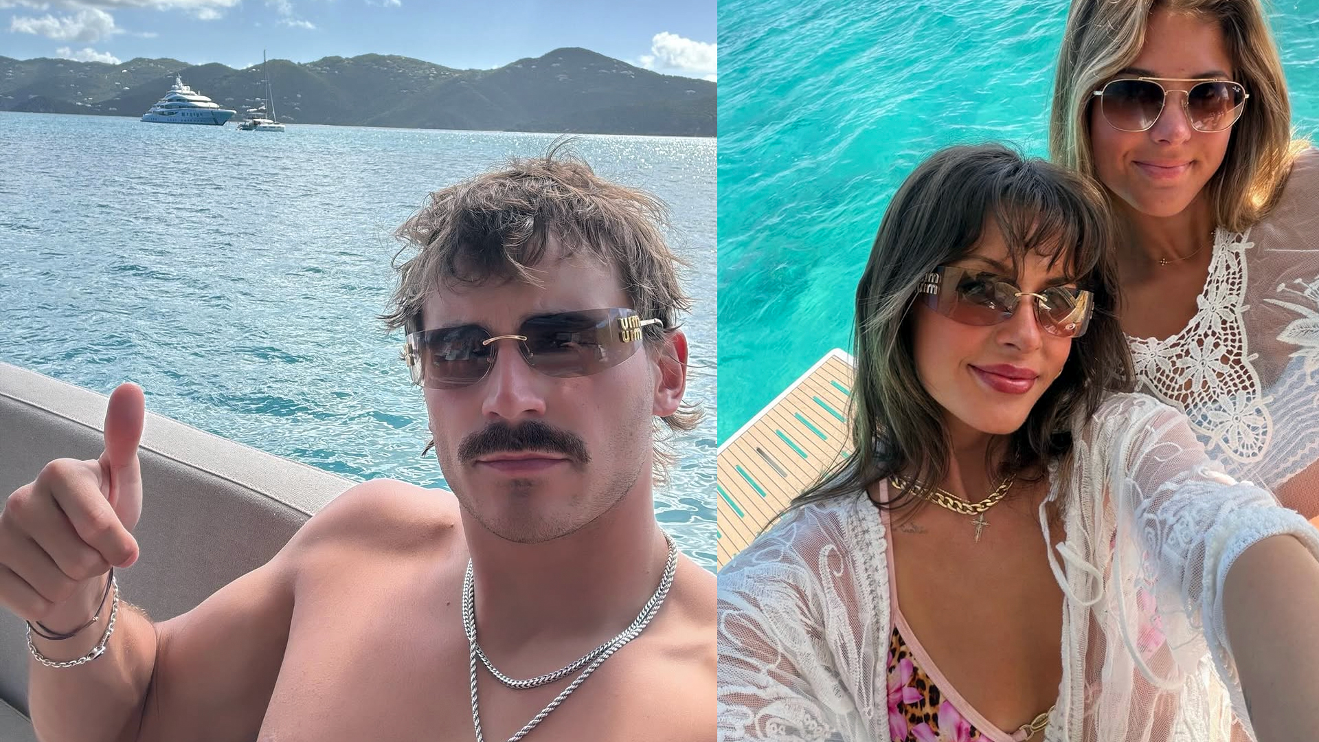 Ella Langley and Tucker Wetmore spark dating rumors with cozy British Virgin Islands trip photos in 2026, Tucker shirtless giving thumbs up on boat and Ella in sunglasses and lace cover-up by turquoise water at Soggy Dollar Bar.