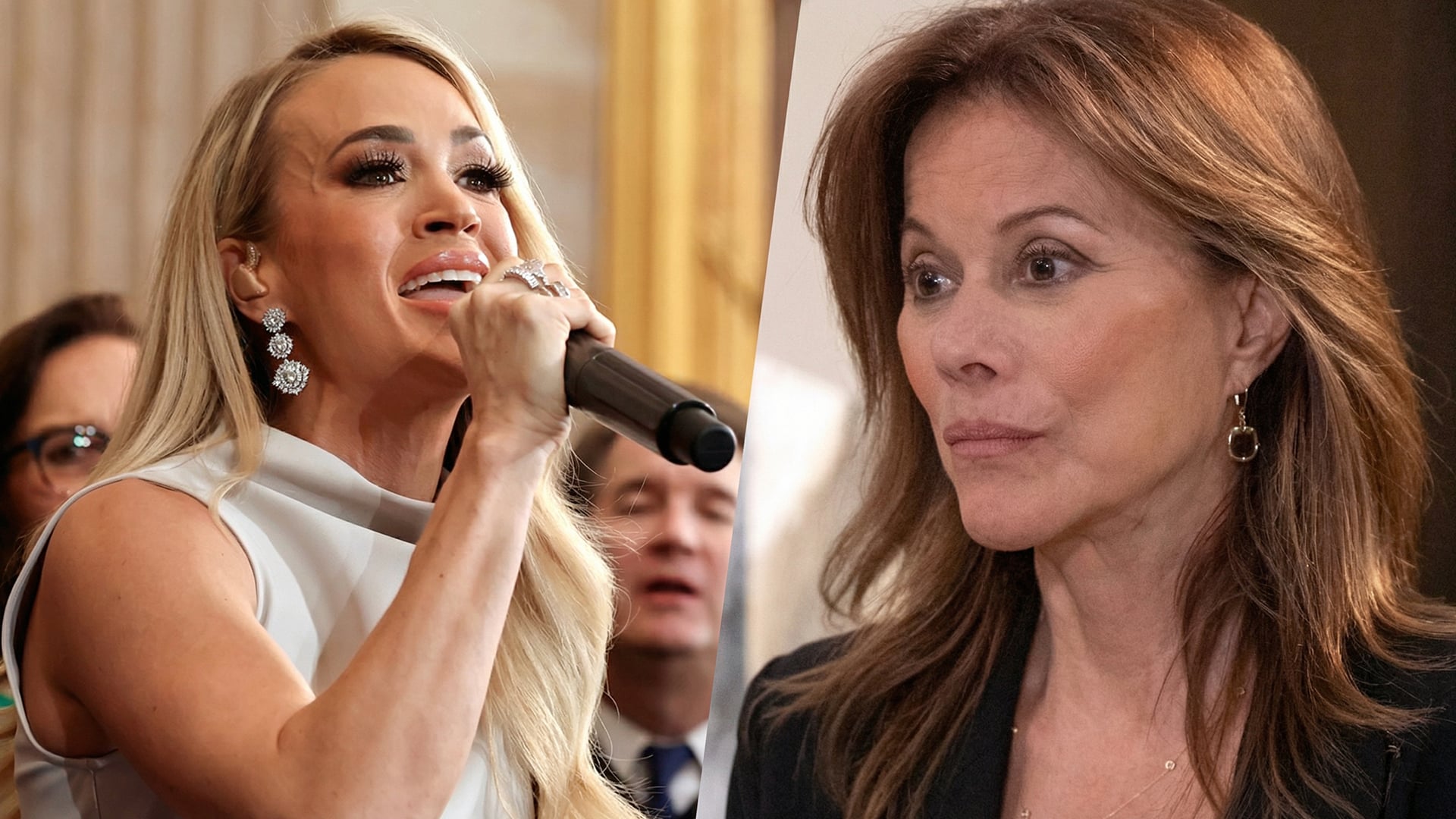 Carrie Underwood performs onstage as General Hospital’s Nancy Lee Grahn reacts in a split image reflecting the backlash after Underwood’s inauguration appearance.