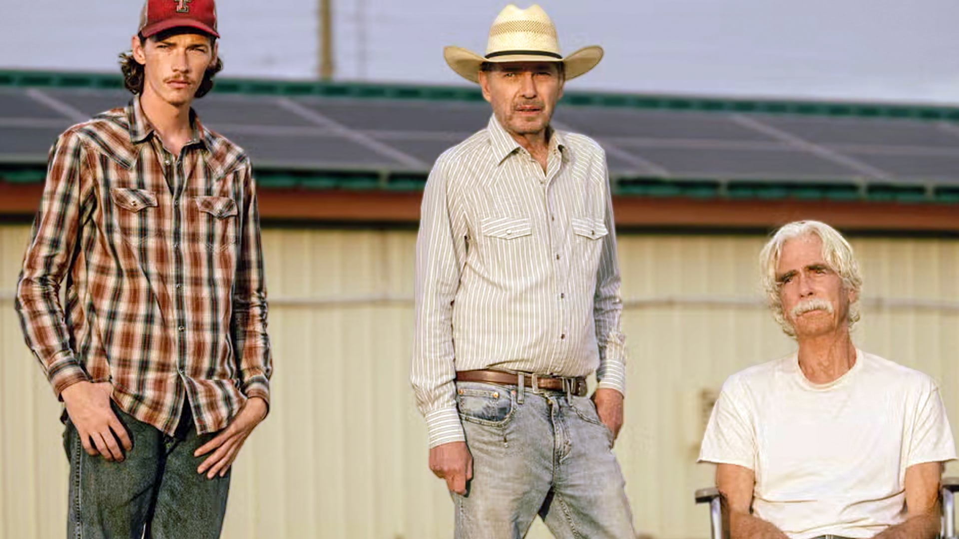 A scene from Landman shows Cooper Norris standing beside Tommy Norris, while T.L. Norris sits nearby, capturing the power dynamics of the oil world.
