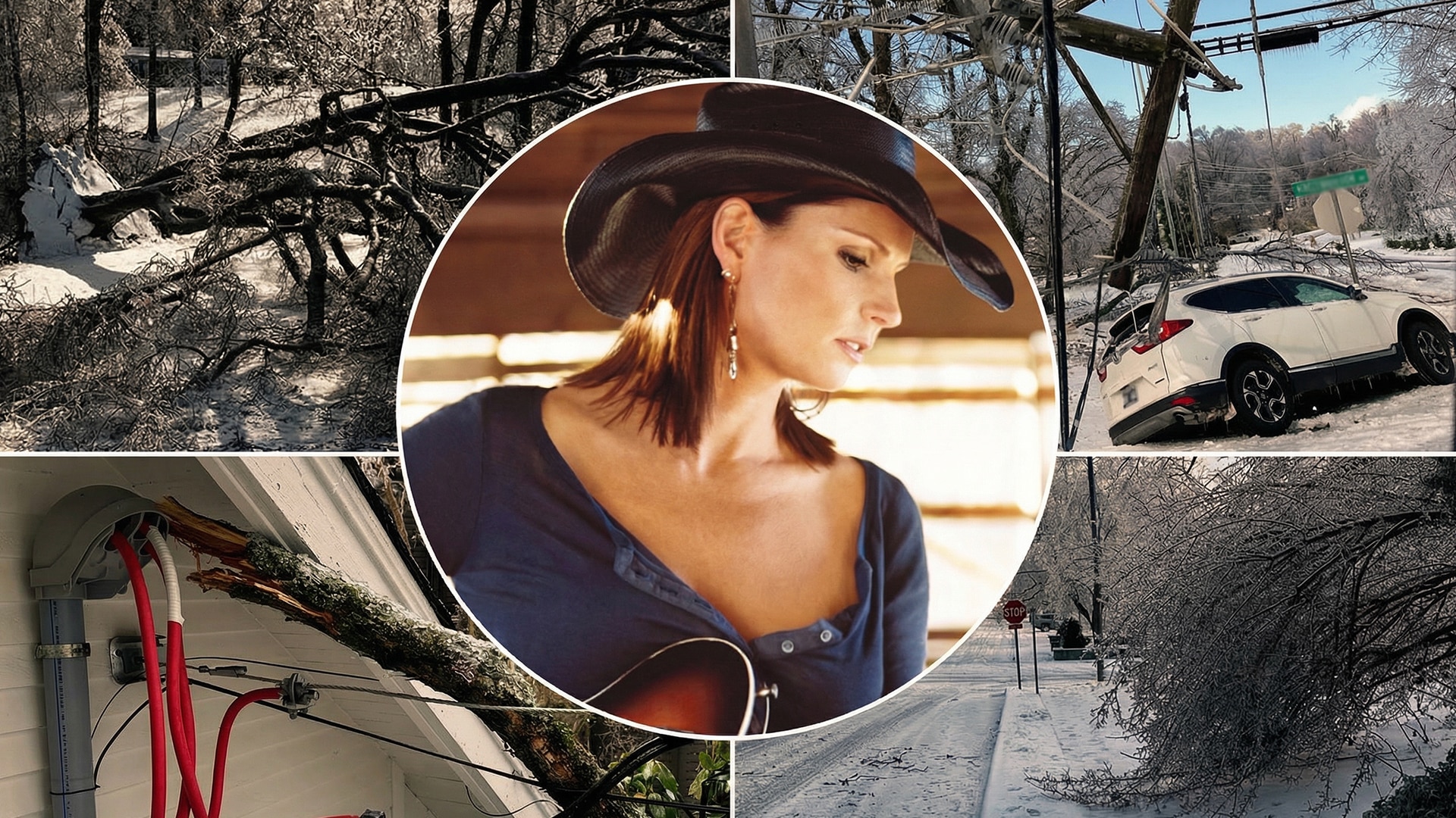 Collage showing Nashville ice storm damage with fallen trees, downed power lines, and wrecked vehicles, centered around a portrait of country singer Terri Clark.