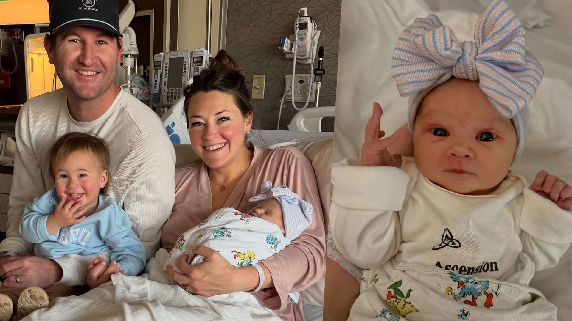 Mattie Jackson Smith, daughter of Alan Jackson, smiles in hospital bed holding newborn baby girl Charlotte "Charlie" Ann with big brother Wesley and large pink bow on infant, celebrating Valentine's surprise birth on February 13, 2026.