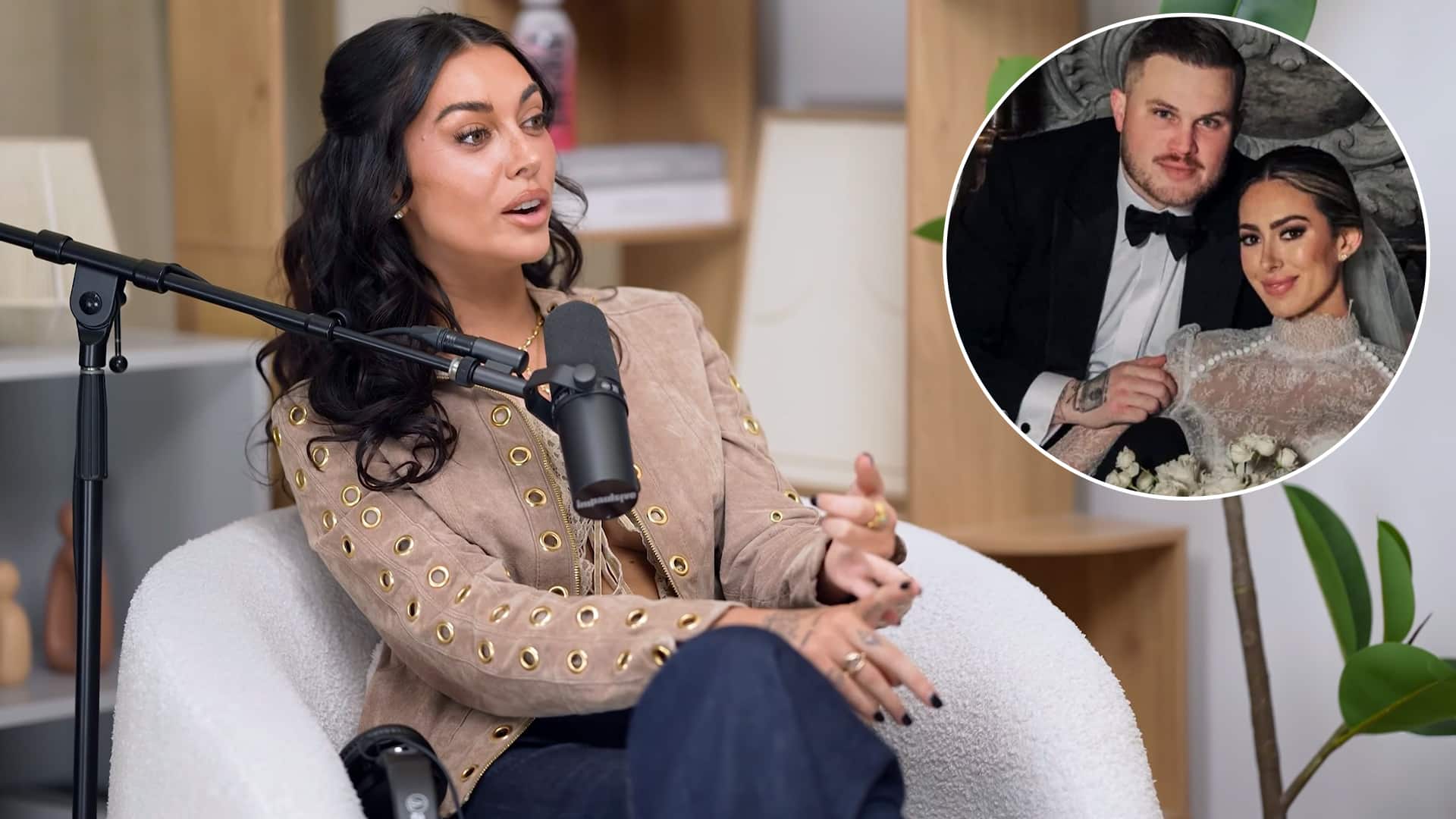 Brianna Chickenfry speaks on Impaulsive podcast in tan suede jacket, revealing Zach Bryan's $12M NDA terms banning social media and work for 5 years, while slamming his 2025 wedding as a dig at her.