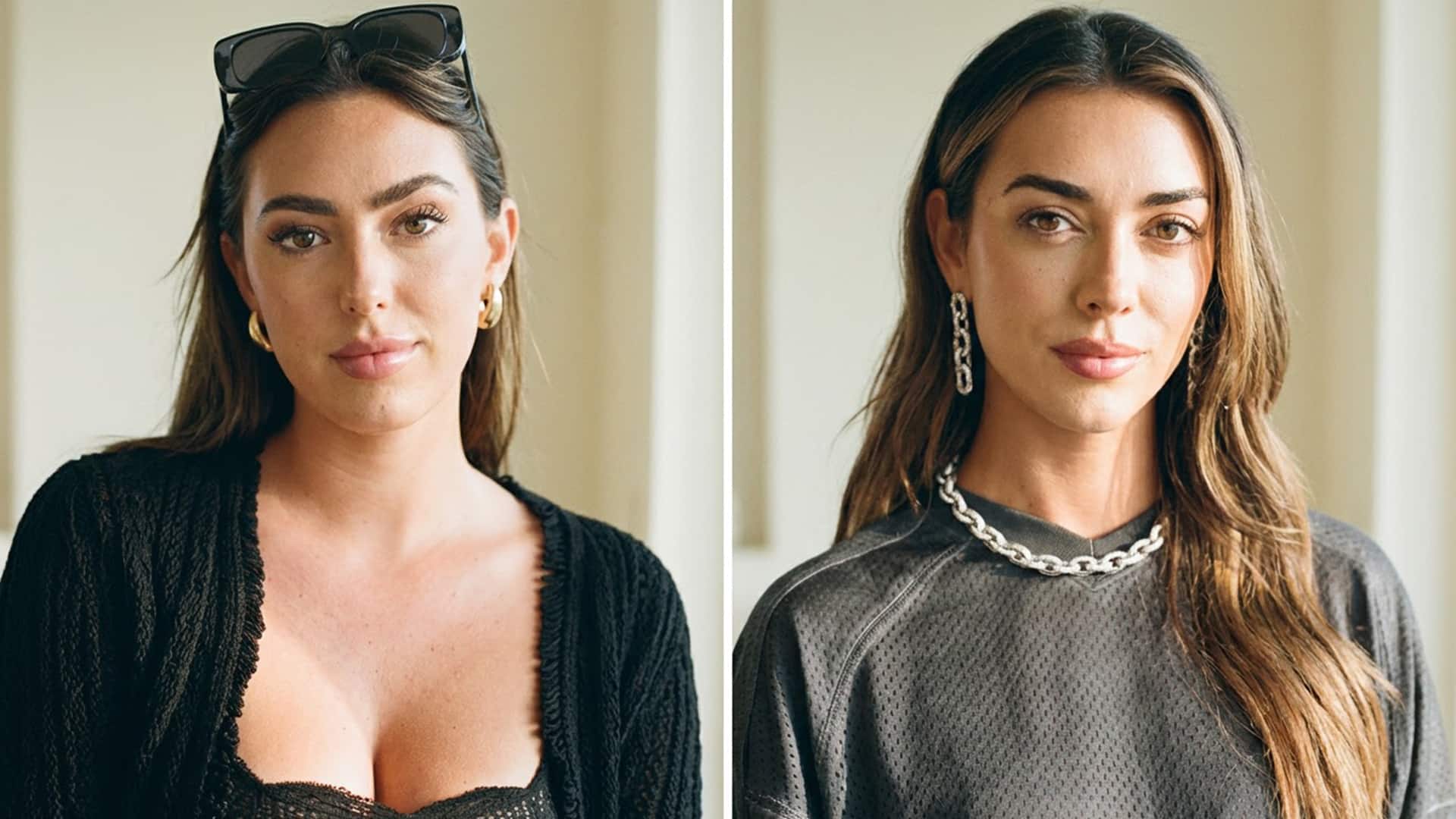 Brianna Chickenfry and Samantha Leonard side-by-side comparison in split image, highlighting uncanny resemblance with dark hair, similar facial features, and intense gazes amid claims Zach Bryan's marriage was a dig at his ex.