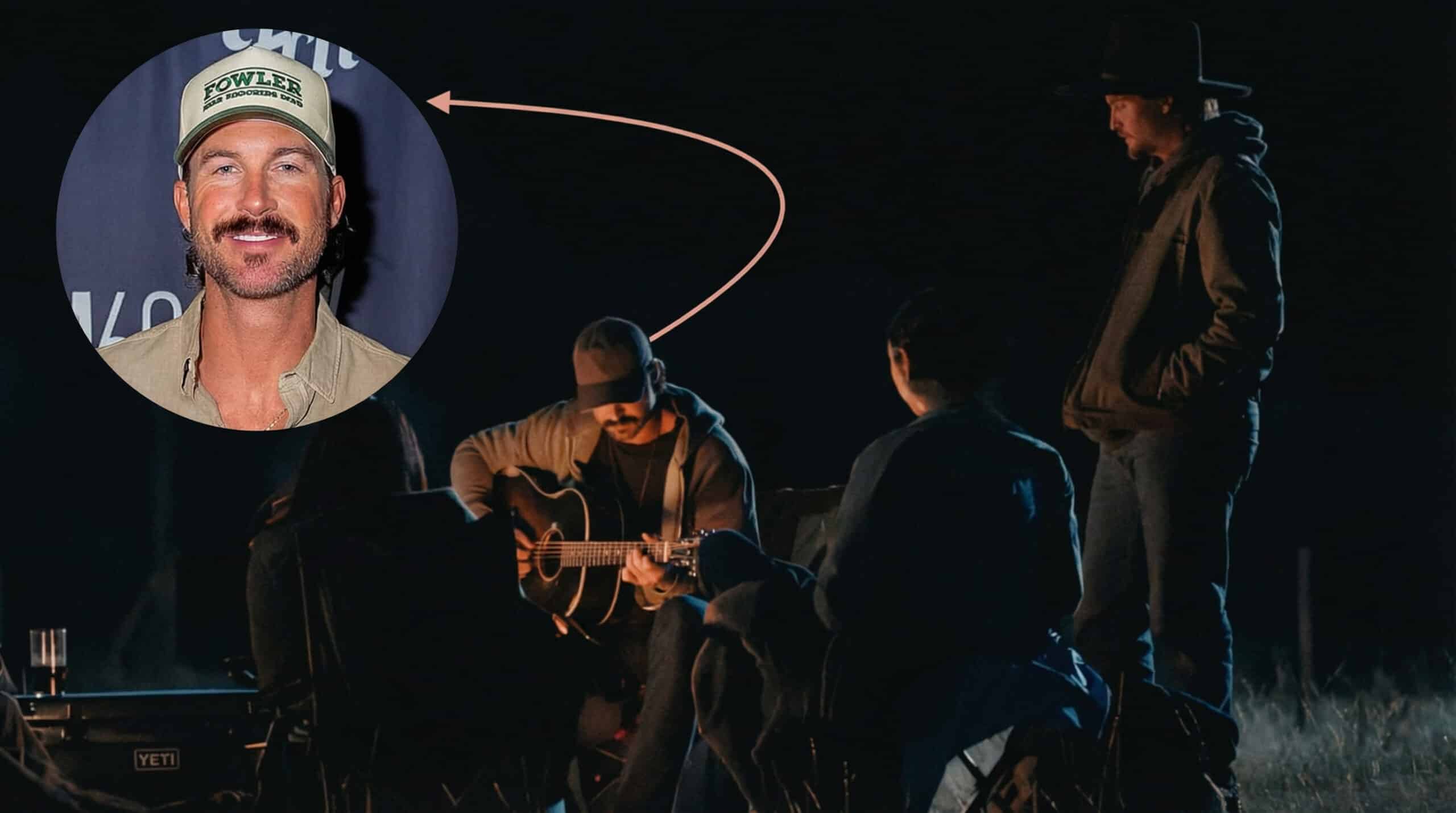 Riley Green strums acoustic guitar by campfire in Marshals Yellowstone spinoff trailer at 1:39, wearing Fowler Bird Watching Club hat and mustache, fueling fan speculation about his acting debut cameo.