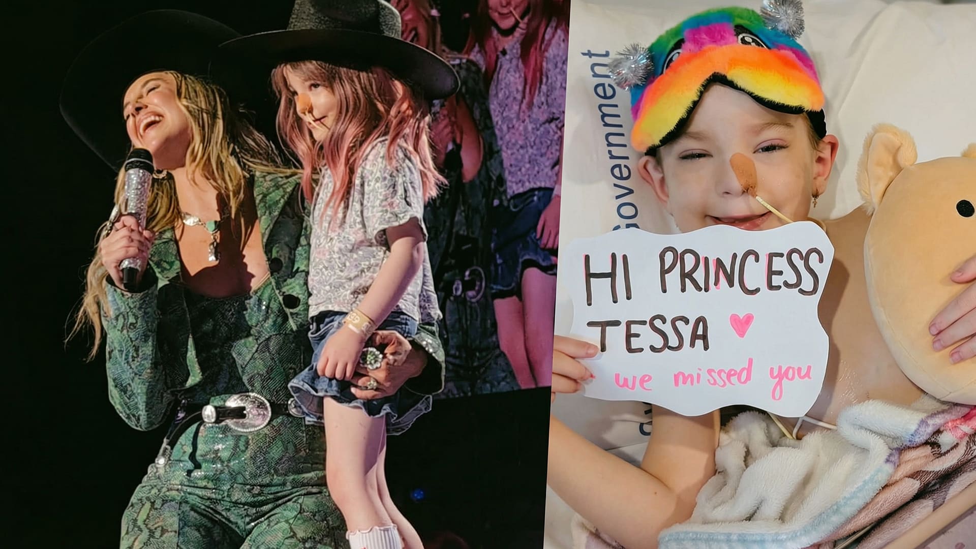 Lainey Wilson holds 6-year-old Tessa onstage during her Brisbane concert, both smiling as Tessa is crowned Cowgirl of the Night amid her cancer fight.