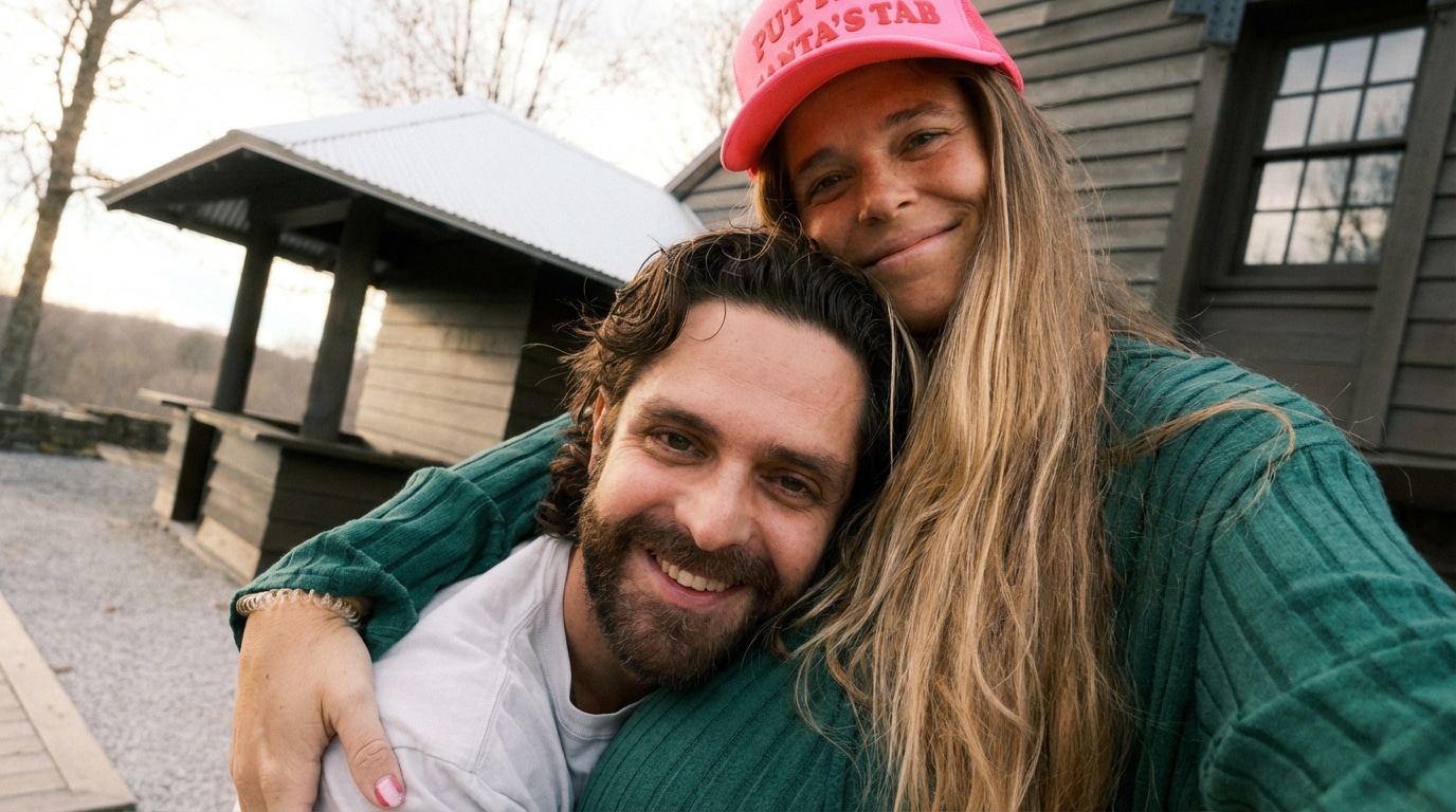 Thomas Rhett and Lauren Akins cuddle outdoors in a cozy embrace near a rustic cabin, both smiling in this candid couple photo amid baby No. 5 pregnancy anticipation.