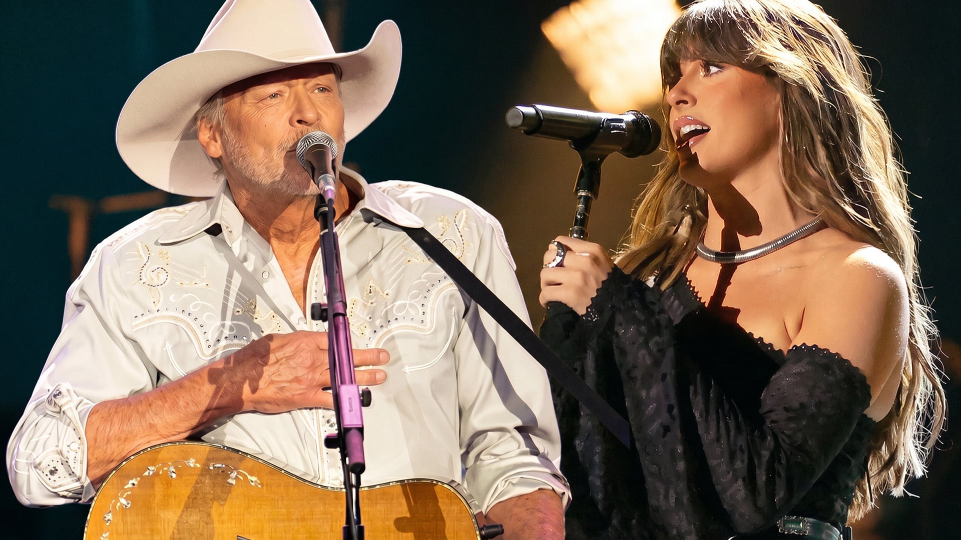 A composite image of Ella Langley and Alan Jackson, tied to her emotional video tribute at his final show.