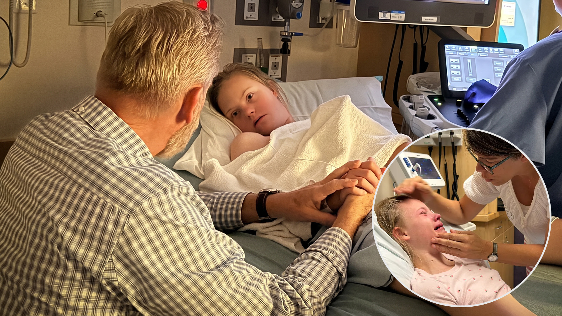 Rory Feek comforting his daughter Indiana as she prepares for her open heart surgery.