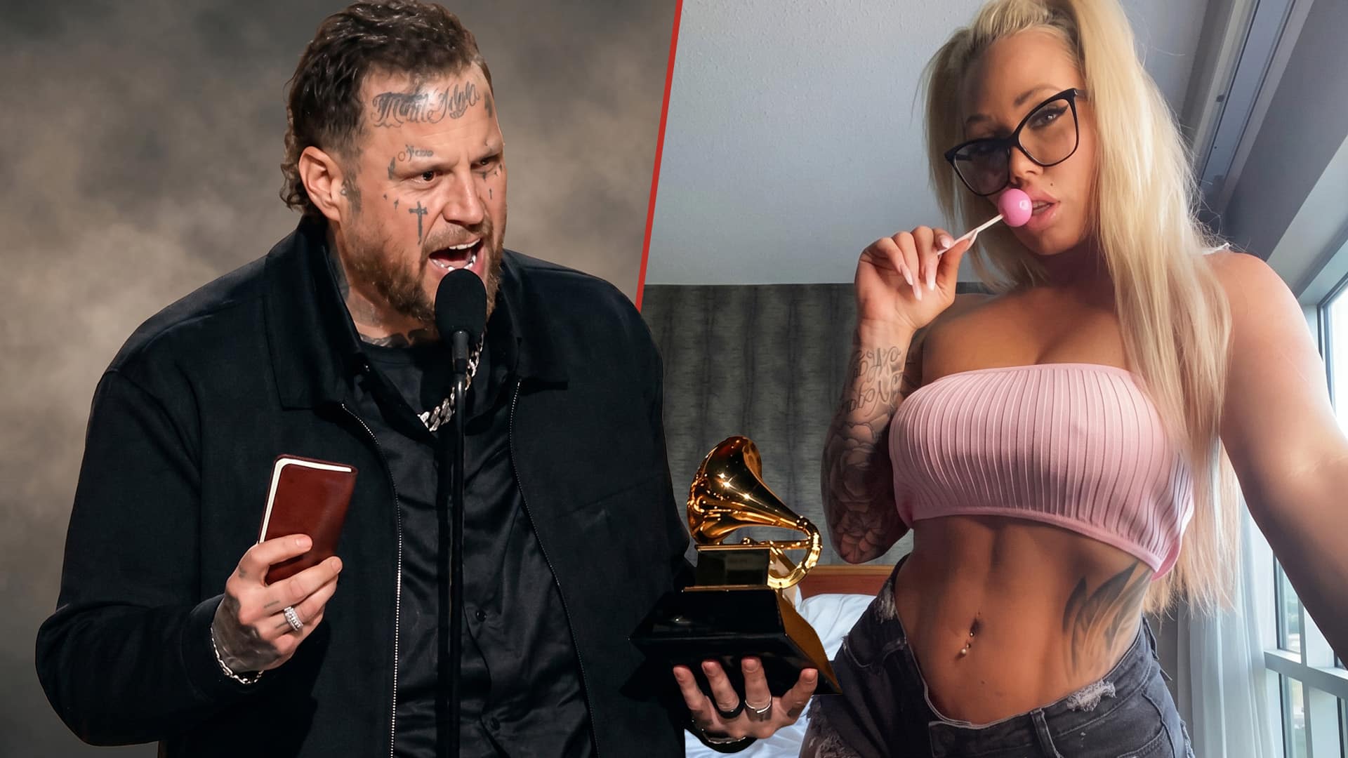 Side by side photo of Jelly Roll holding a Bible at the Grammy Awards and Bunnie XO posing in a glamorous, revealing outfit, the contrast highlighting the couple's very different public images amid their divorce.