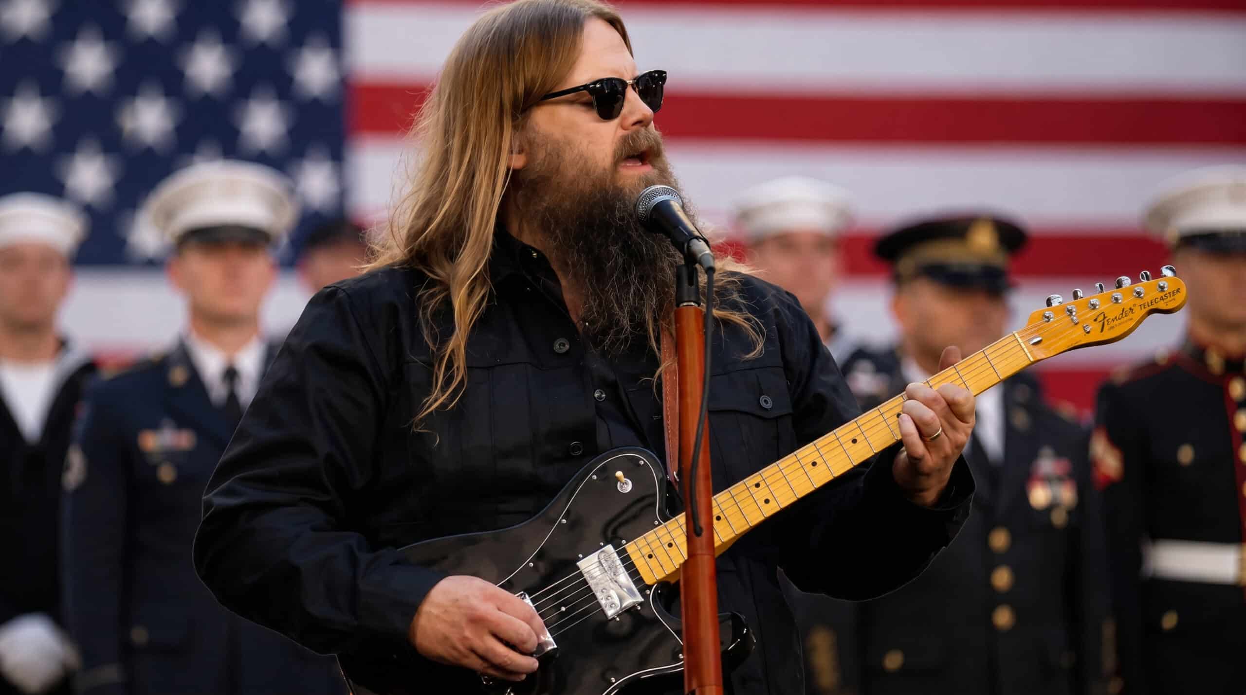 Chris Stapleton singing the national anthem into a microphone, eyes closed in a heartfelt performance.
