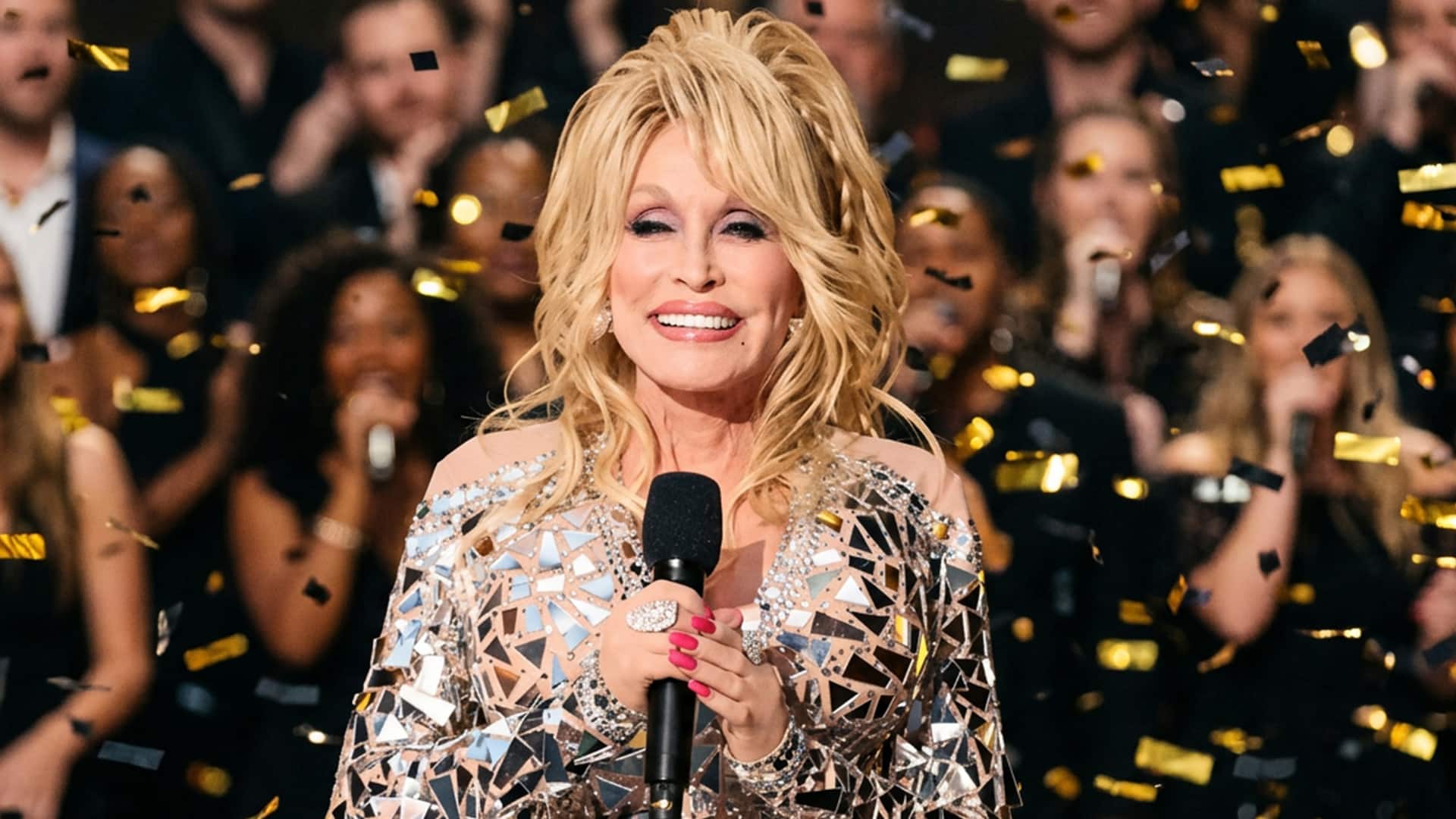 The late Dolly Parton on stage in sequins and blonde hair, singing into a microphone. CMA will honor her with a live special on October 21.