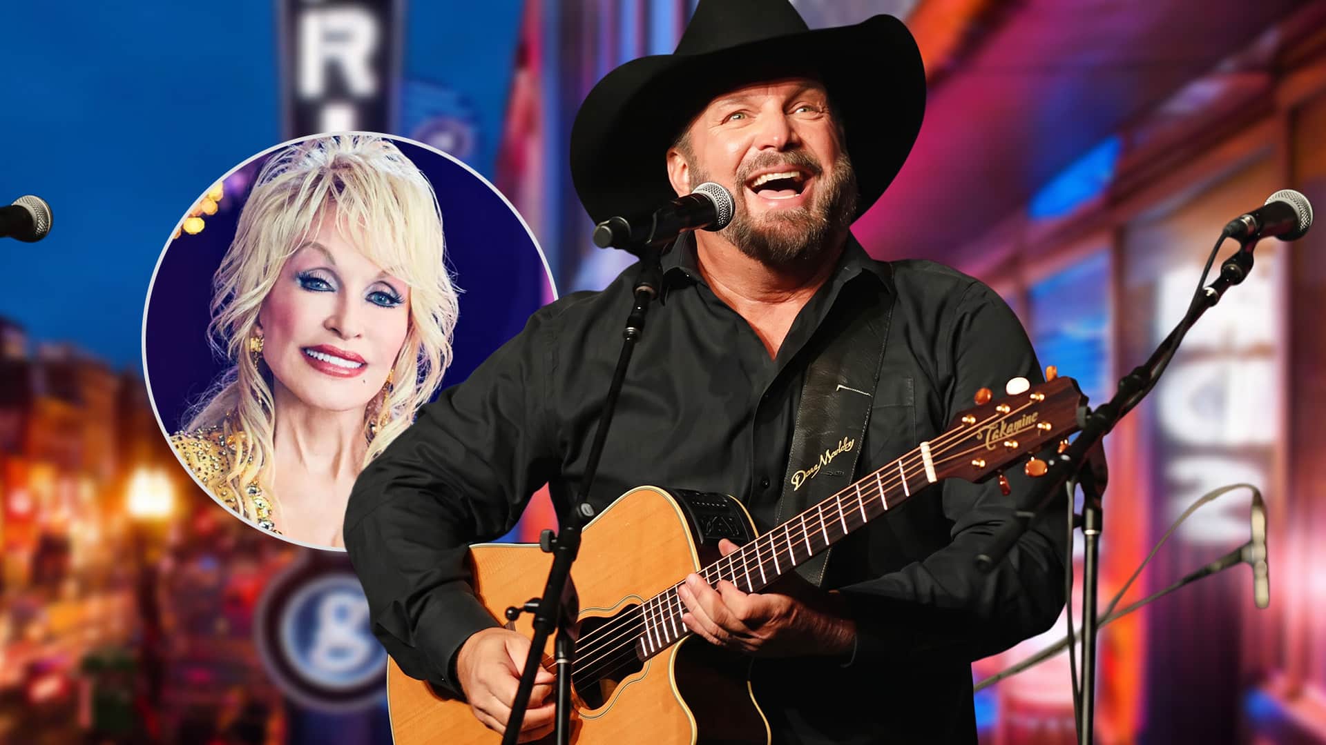 Garth Brooks is shown with a circular photo of Dolly Parton after declaring September 25 Dolly Day and giving bar sales to the Imagination Library.