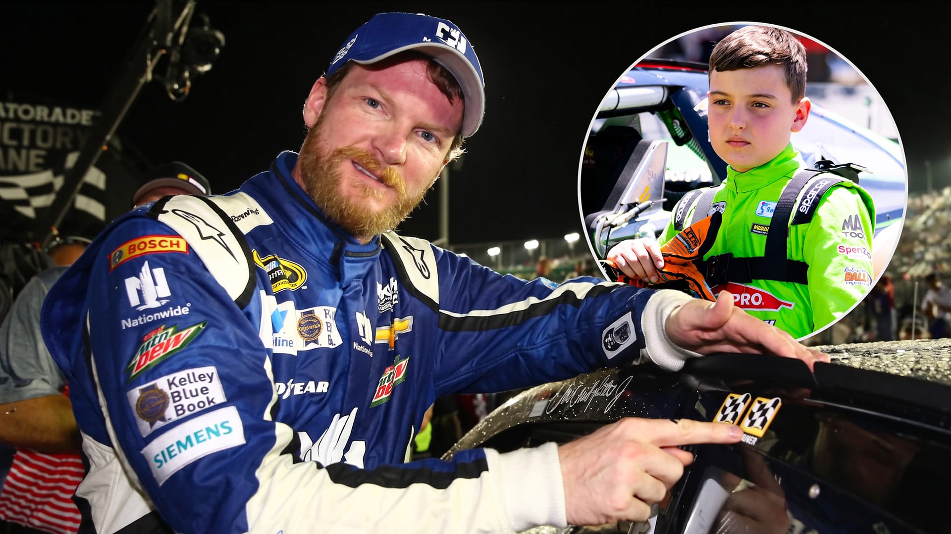 A photo of Dale Earnhardt Jr. with Brexton Busch as an inset shows him reflecting on the next generation after losing his father in the sport.