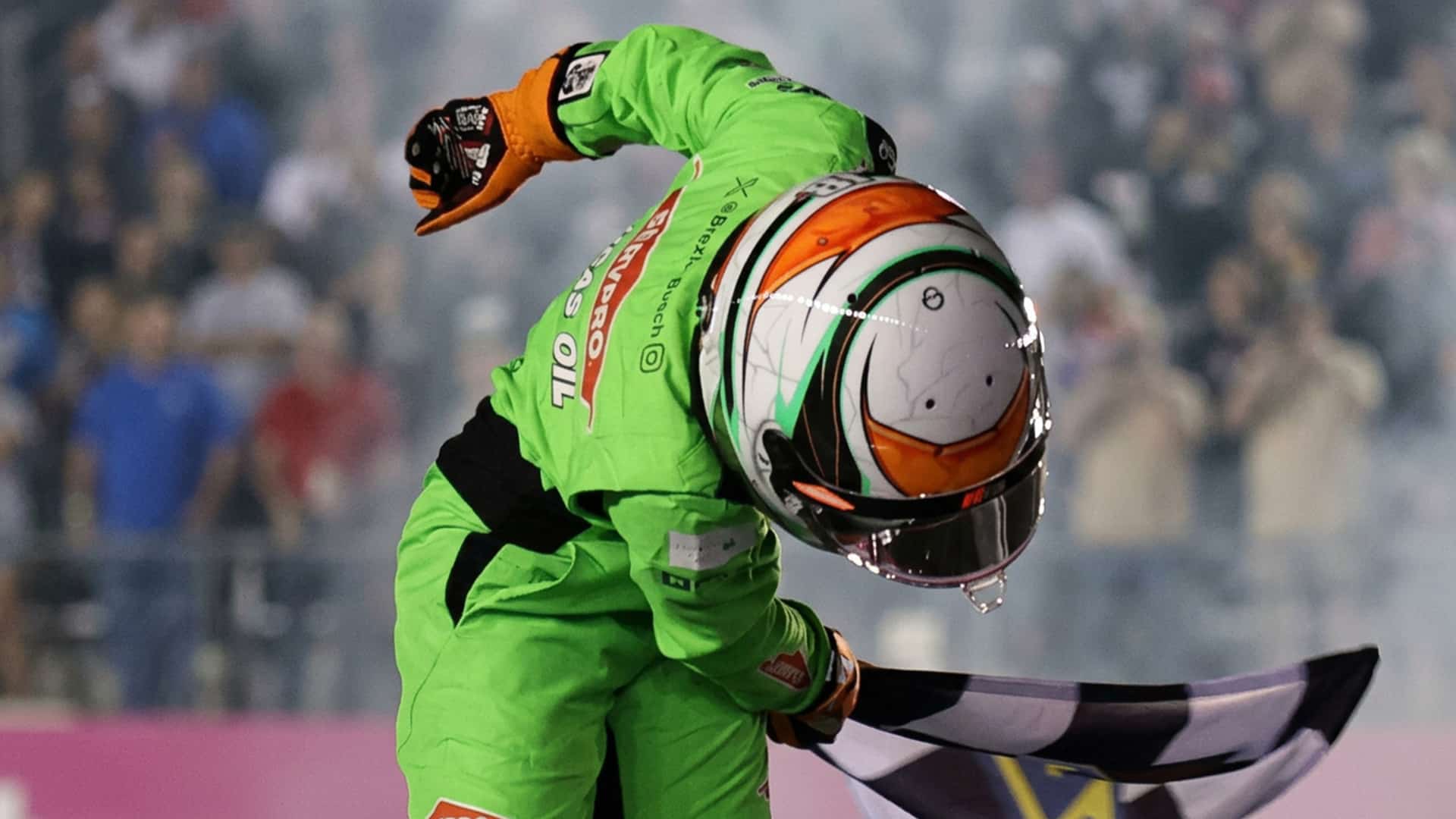 Kyle Busch’s 11-year-old son is shown performing his dad’s signature bow atop the No. 8 car during the memorial.