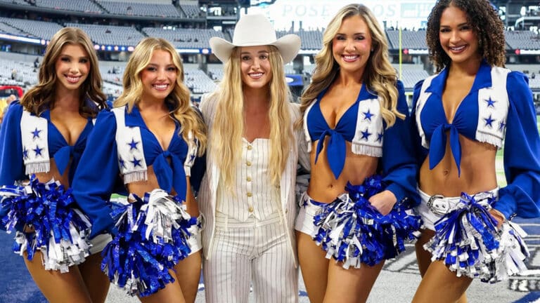 Lainey Wilson stands with the Dallas Cowboys Cheerleaders as she returns and dances to “Phone, Keys, Wallet.”