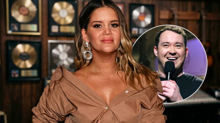 Maren Morris is shown with Shane Gillis inset as she flips him off over his SNL gym joke and tells him to leave her gym short wedgie out of it.