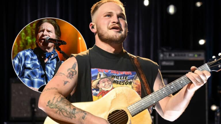 A photo of Zach Bryan with John Fogerty inset as the country star adds the CCR legend to his 2027 stadium tour and credits him with changing the production.
