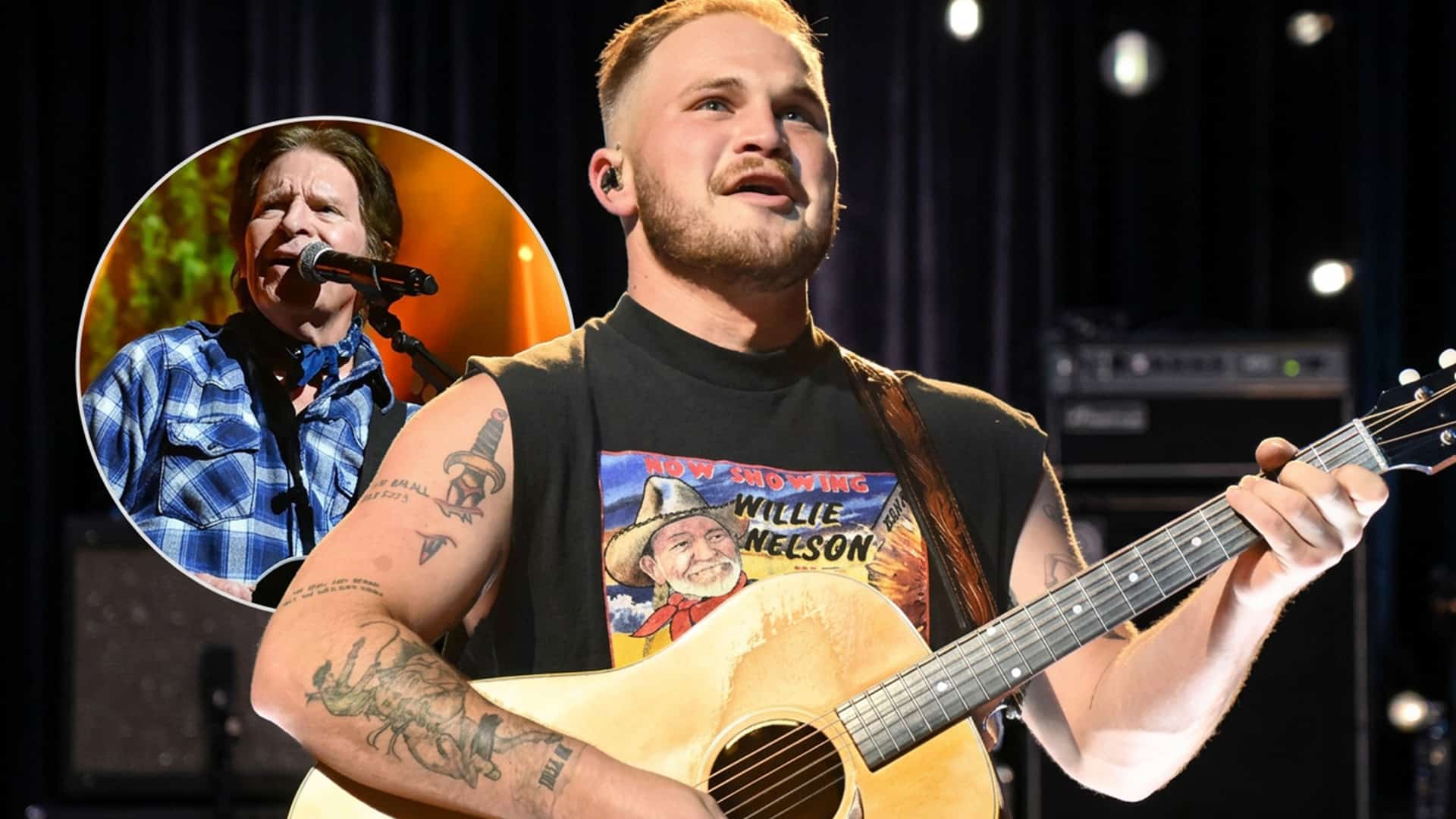 A photo of Zach Bryan with John Fogerty inset as the country star adds the CCR legend to his 2027 stadium tour and credits him with changing the production.
